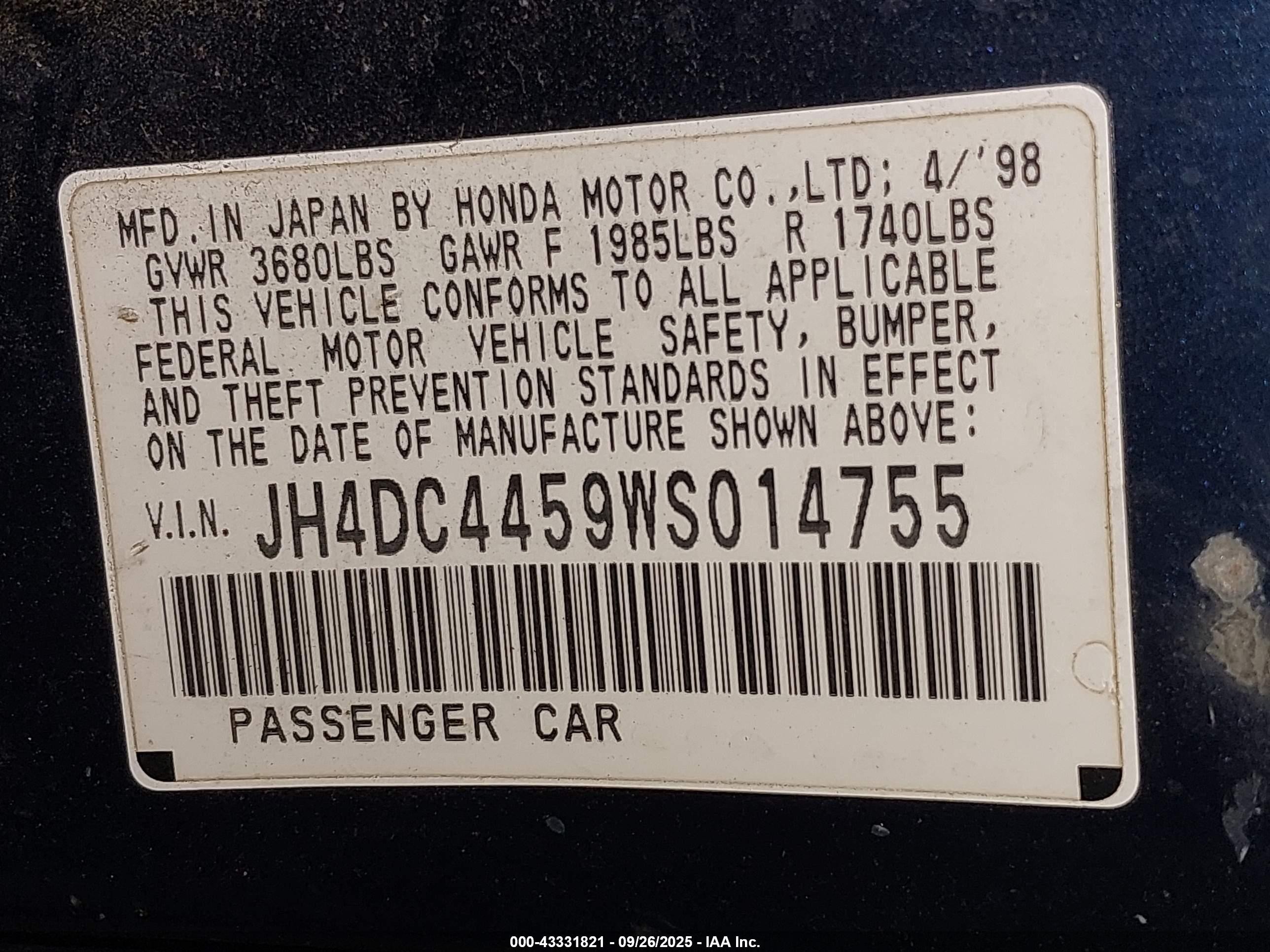 1998 Acura Integra Ls Blue vin: JH4DC4459WS014755