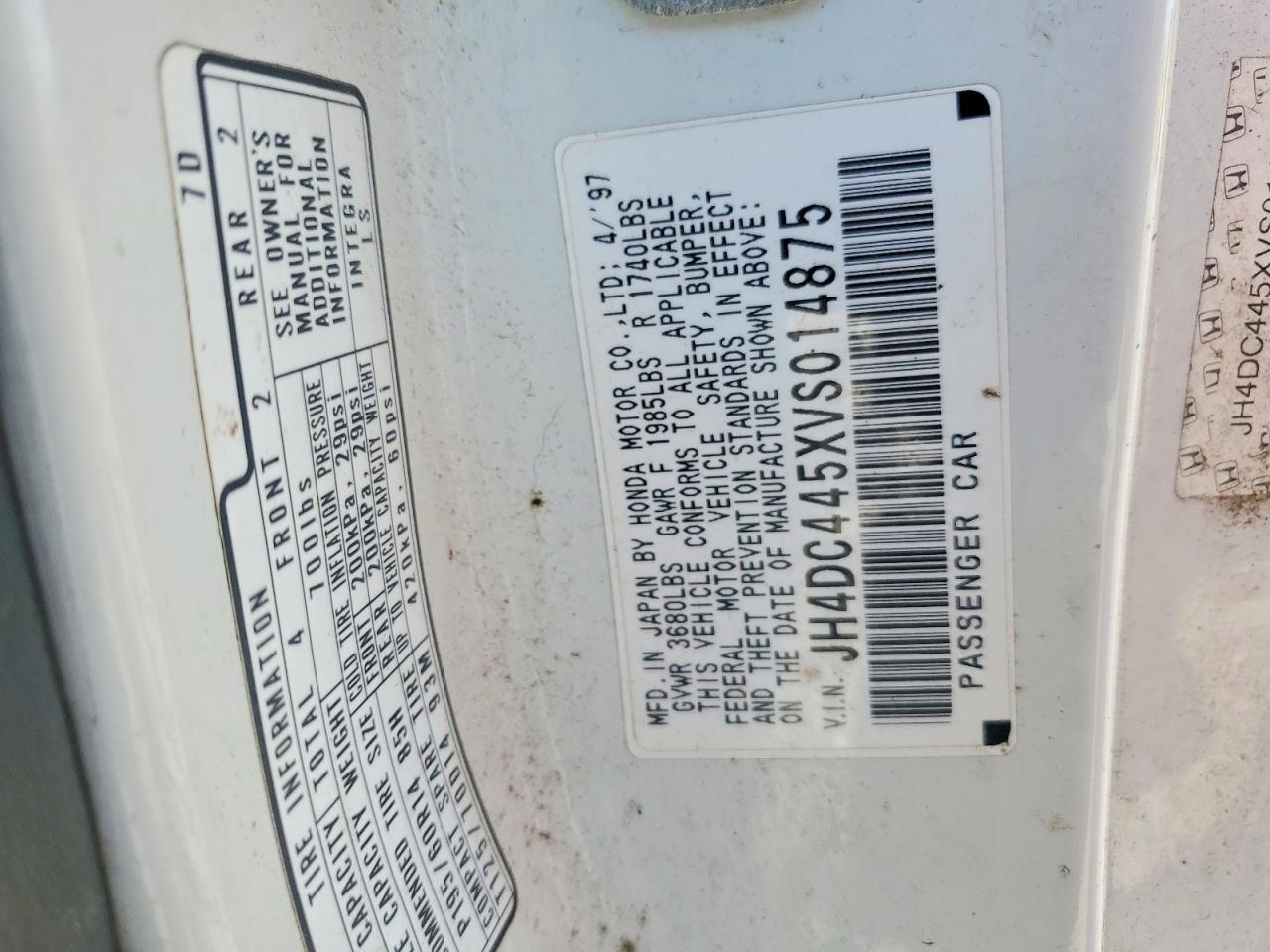 1997 Acura Integra Ls White vin: JH4DC445XVS014875