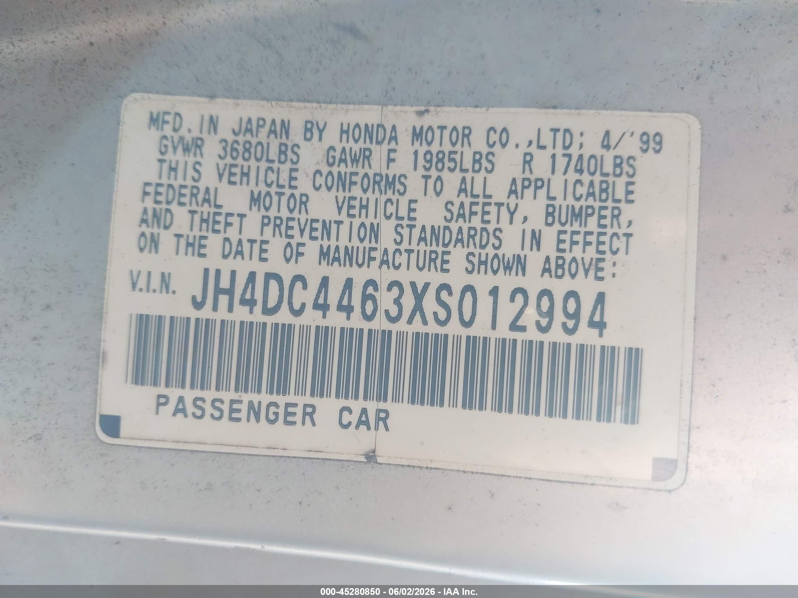 1999 Acura Integra Gs Gray vin: JH4DC4463XS012994