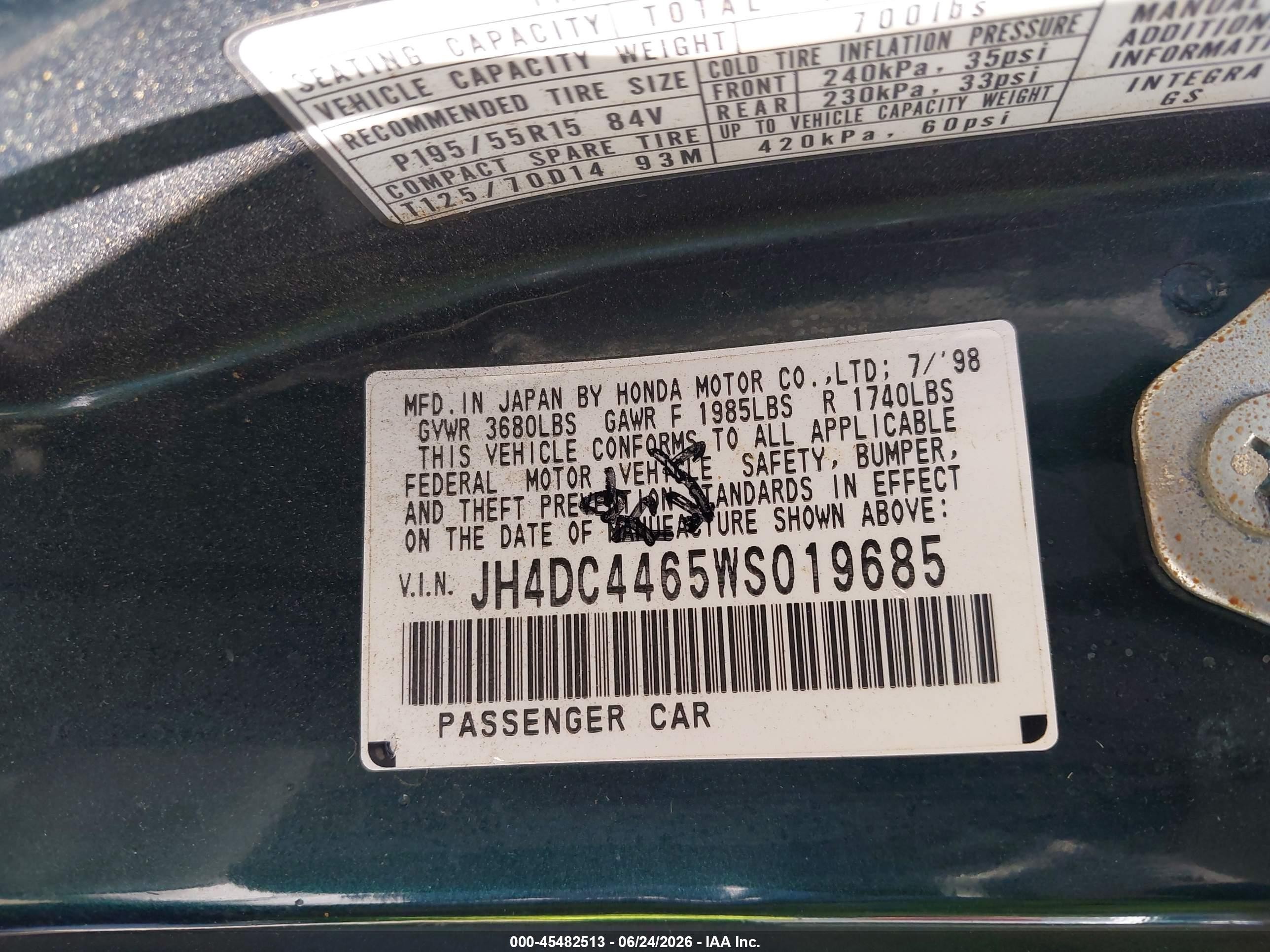 1998 Acura Integra Gs Green vin: JH4DC4465WS019685