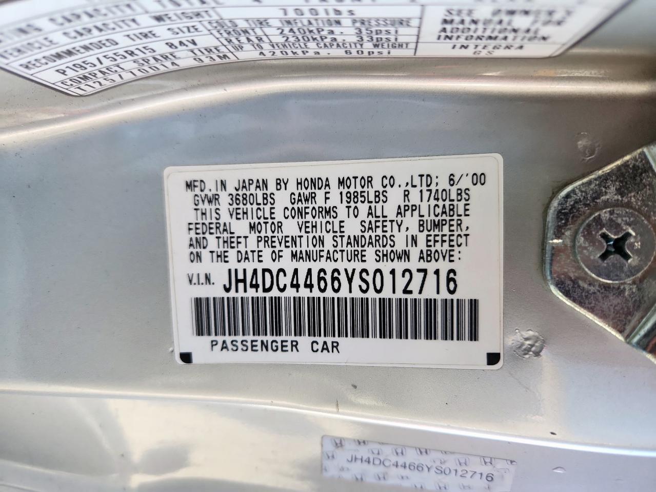 2000 Acura Integra Gs Silver vin: JH4DC4466YS012716