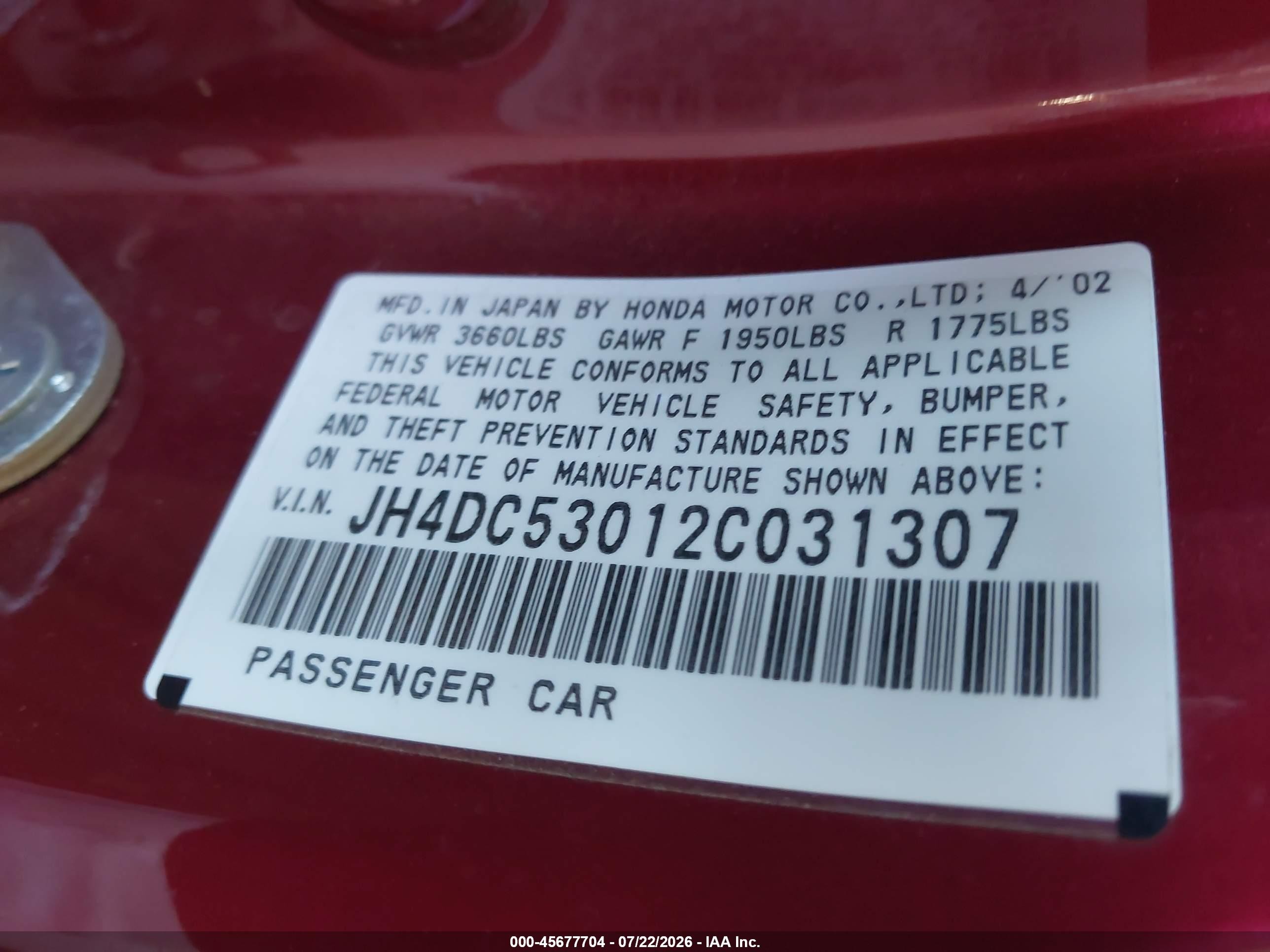 2002 Acura Rsx Type S Red vin: JH4DC53012C031307