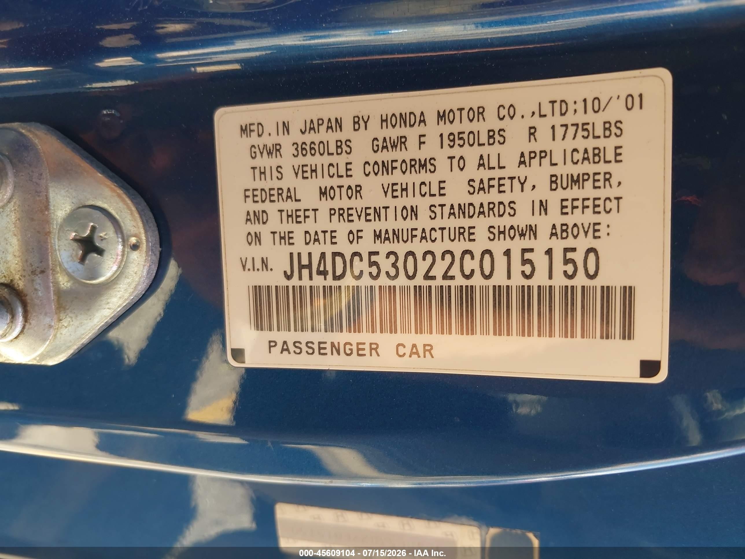 2002 Acura Rsx Type S Blue vin: JH4DC53022C015150