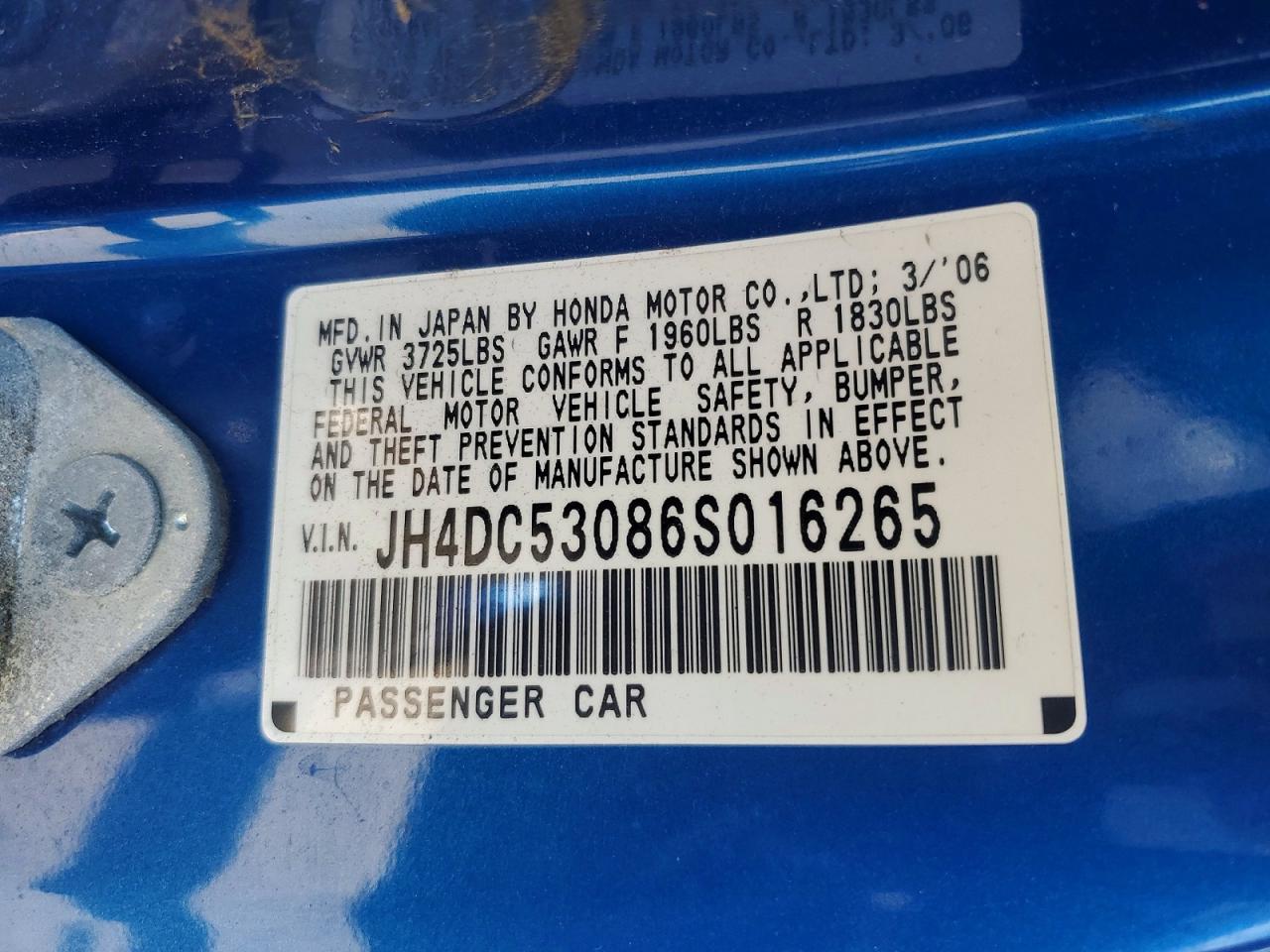 2006 Acura Rsx Type-s Blue vin: JH4DC53086S016265
