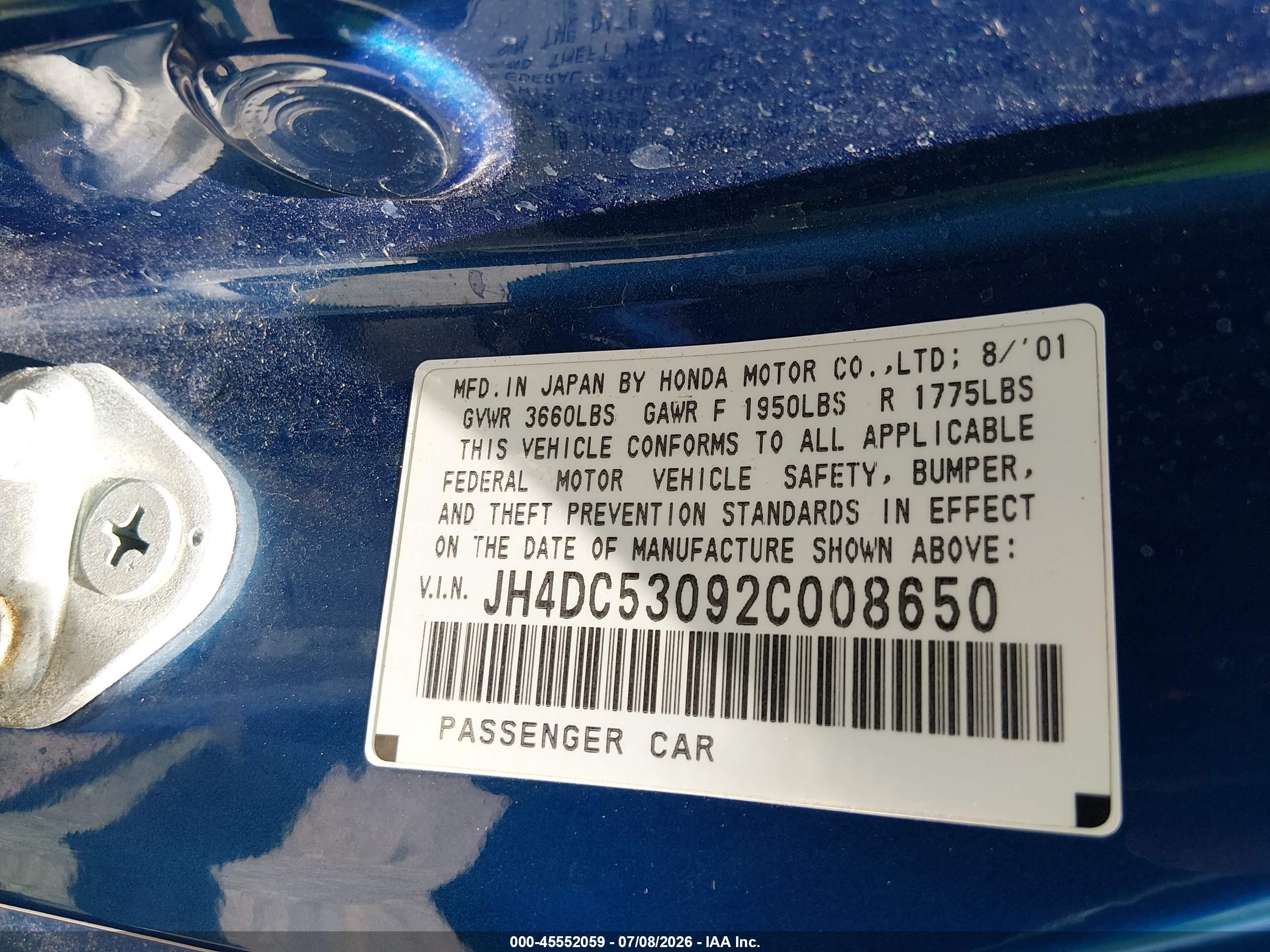2002 Acura Rsx Type S Blue vin: JH4DC53092C008650