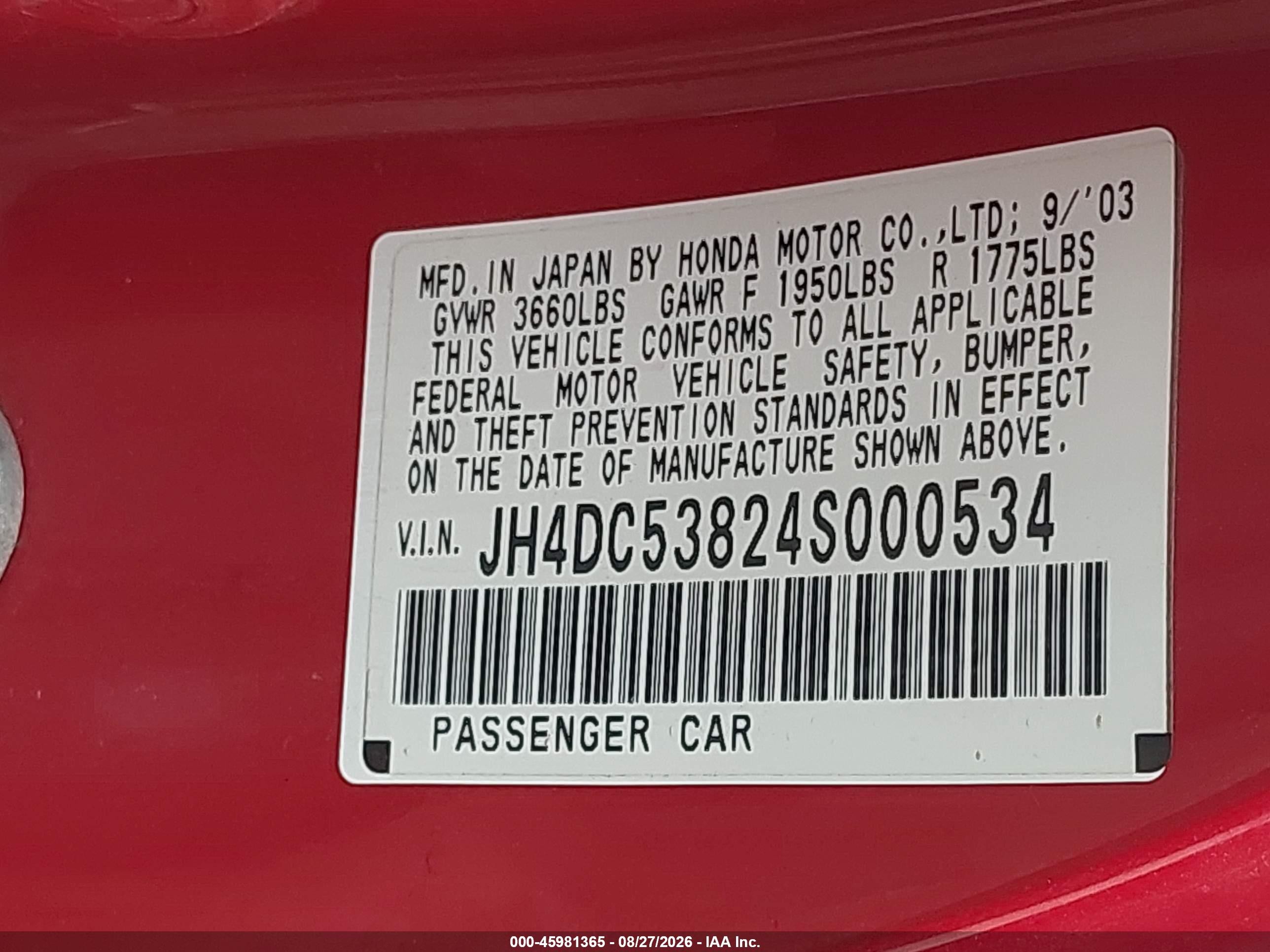 2004 Acura Rsx   Red vin: JH4DC53824S000534