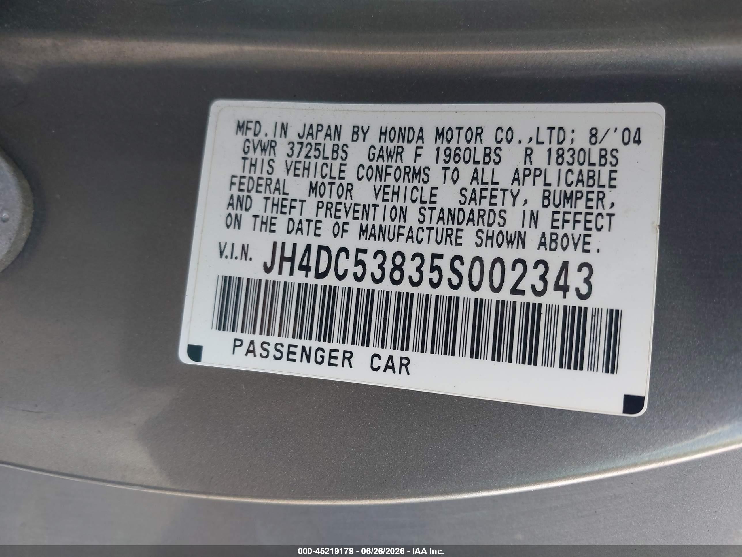 2005 Acura Rsx   Серый vin: JH4DC53835S002343