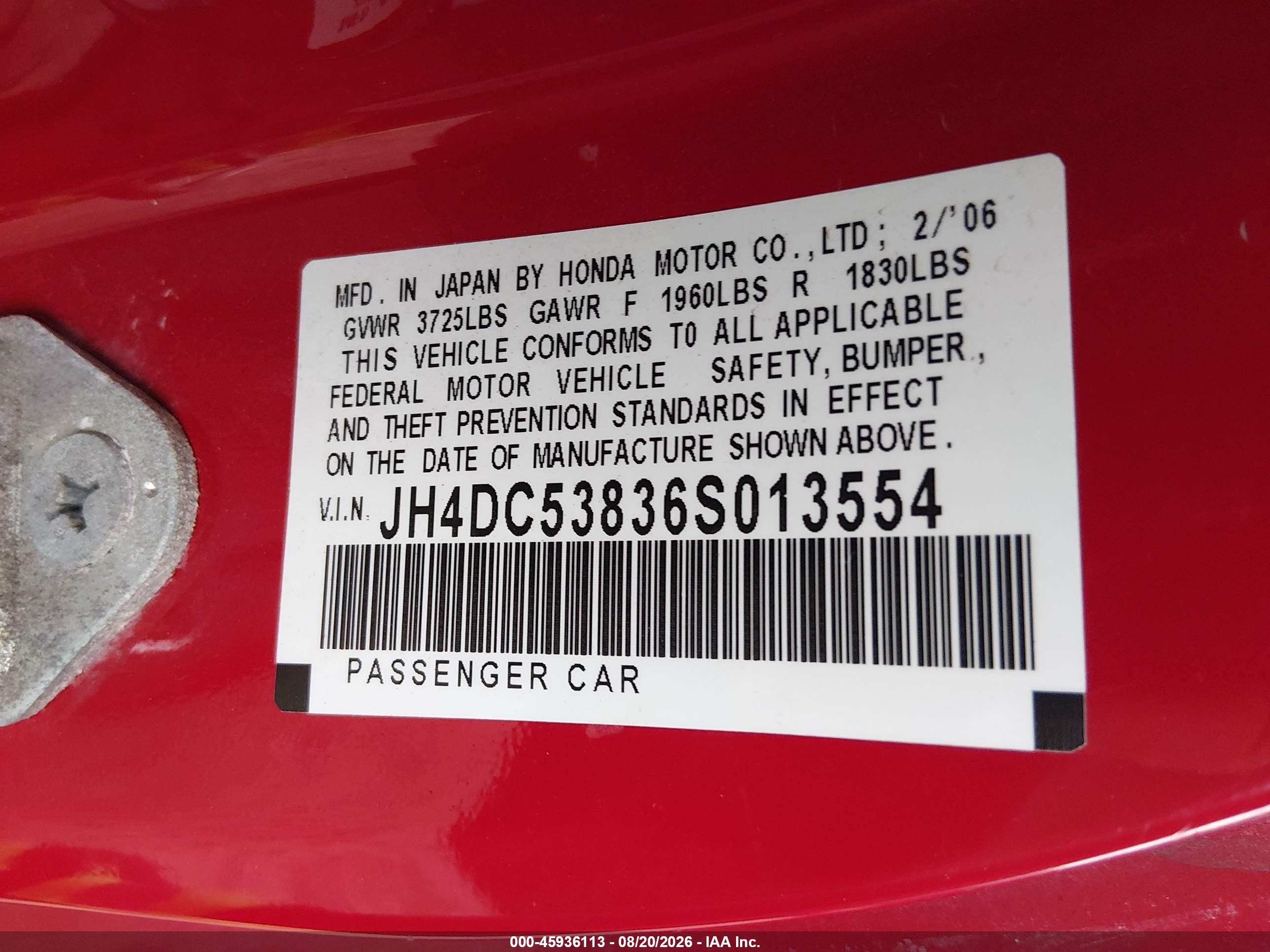 2006 Acura Rsx   Red vin: JH4DC53836S013554