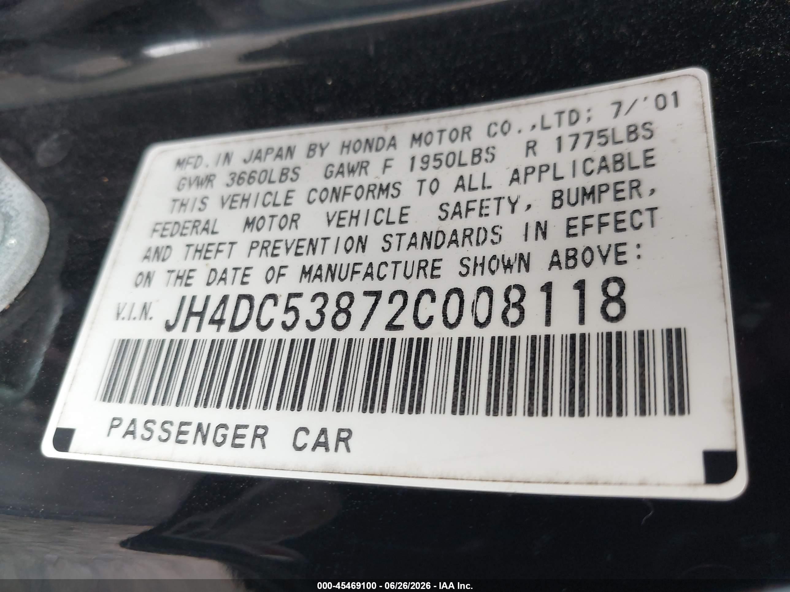 2002 Acura Rsx   Black vin: JH4DC53872C008118