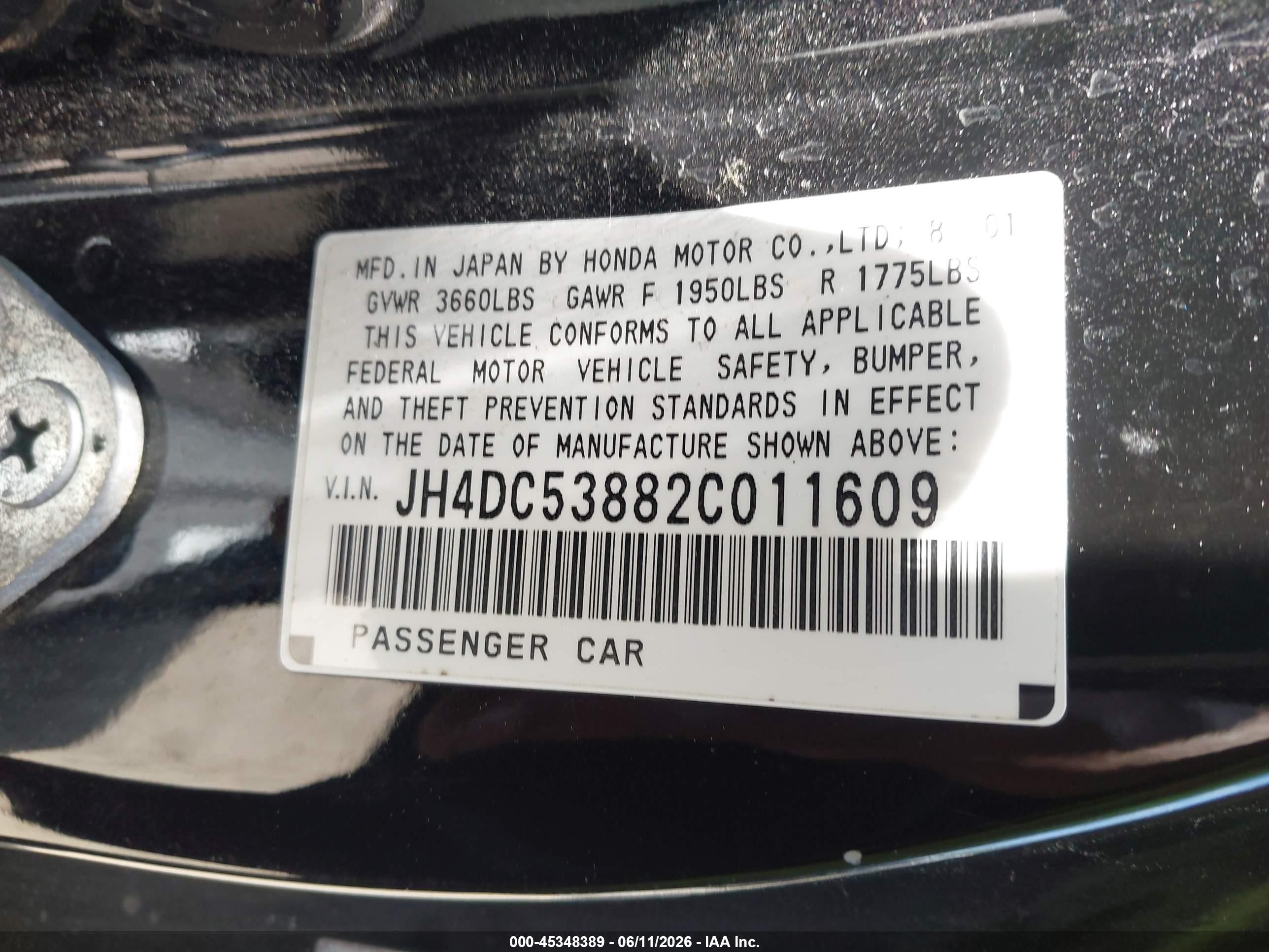 2002 Acura Rsx   Black vin: JH4DC53882C011609