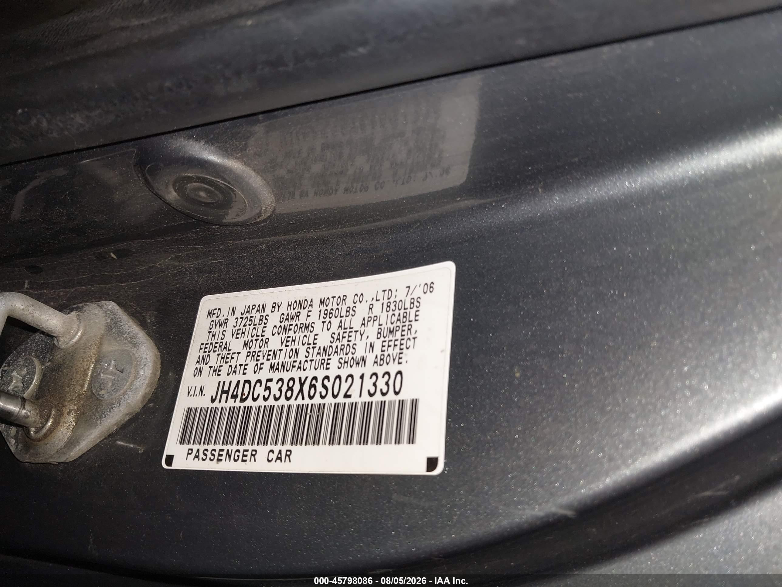 2006 Acura Rsx   Gray vin: JH4DC538X6S021330