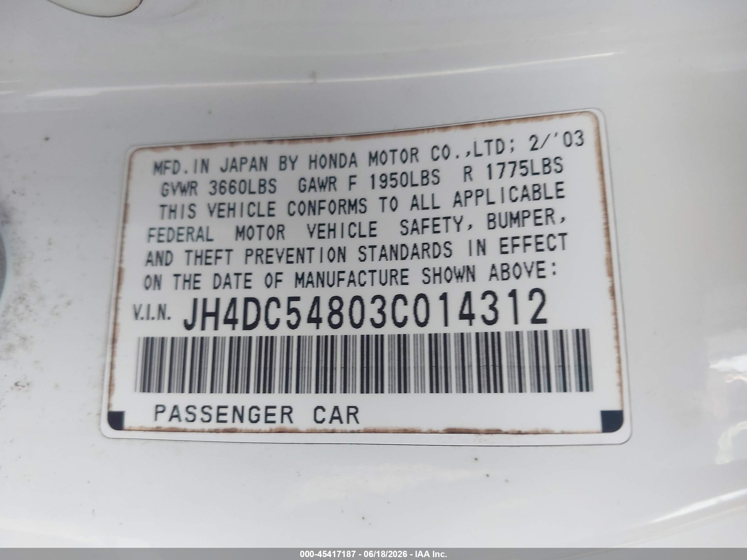 2003 Acura Rsx   White vin: JH4DC54803C014312