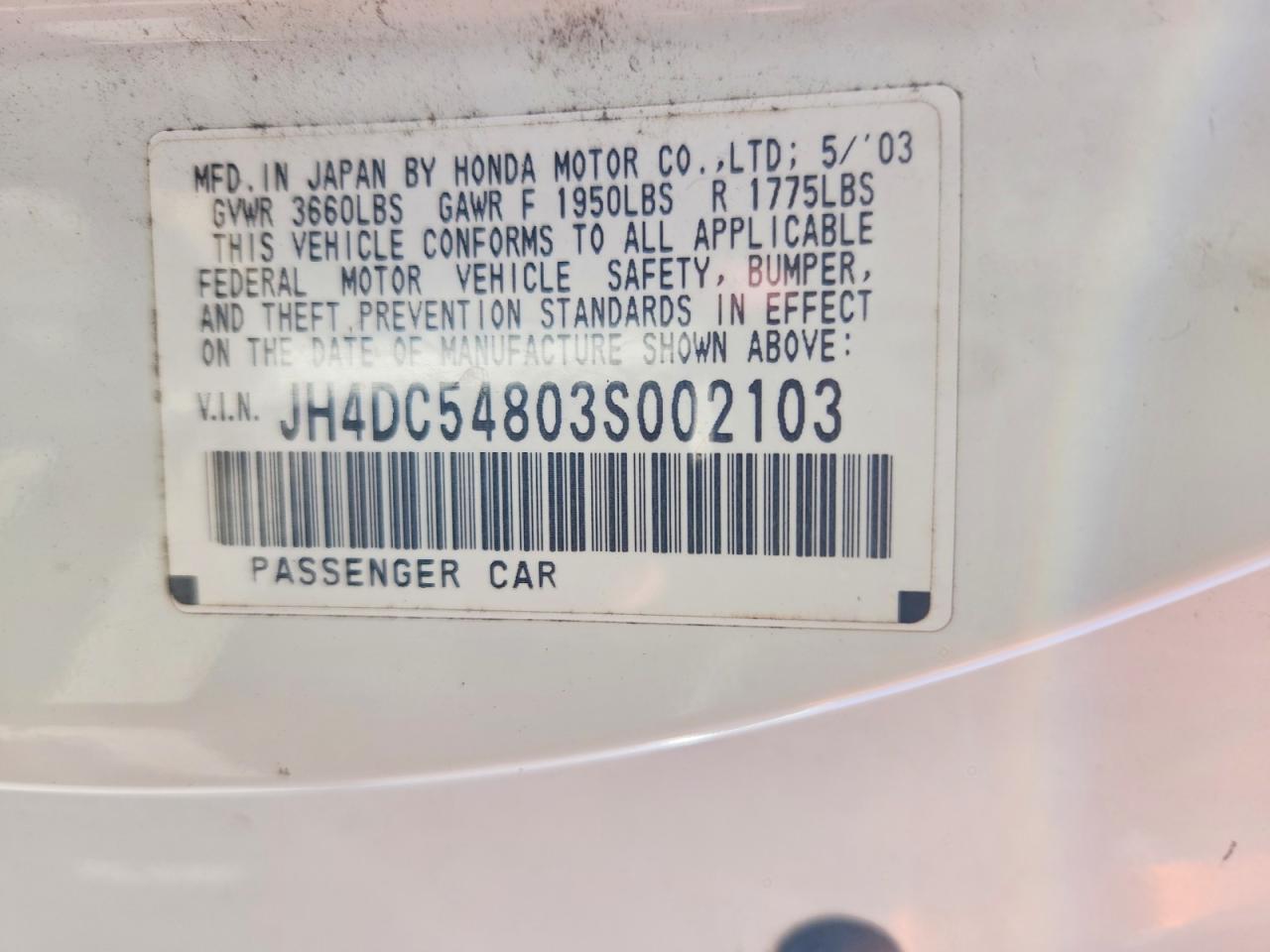 2003 Acura Rsx White vin: JH4DC54803S002103