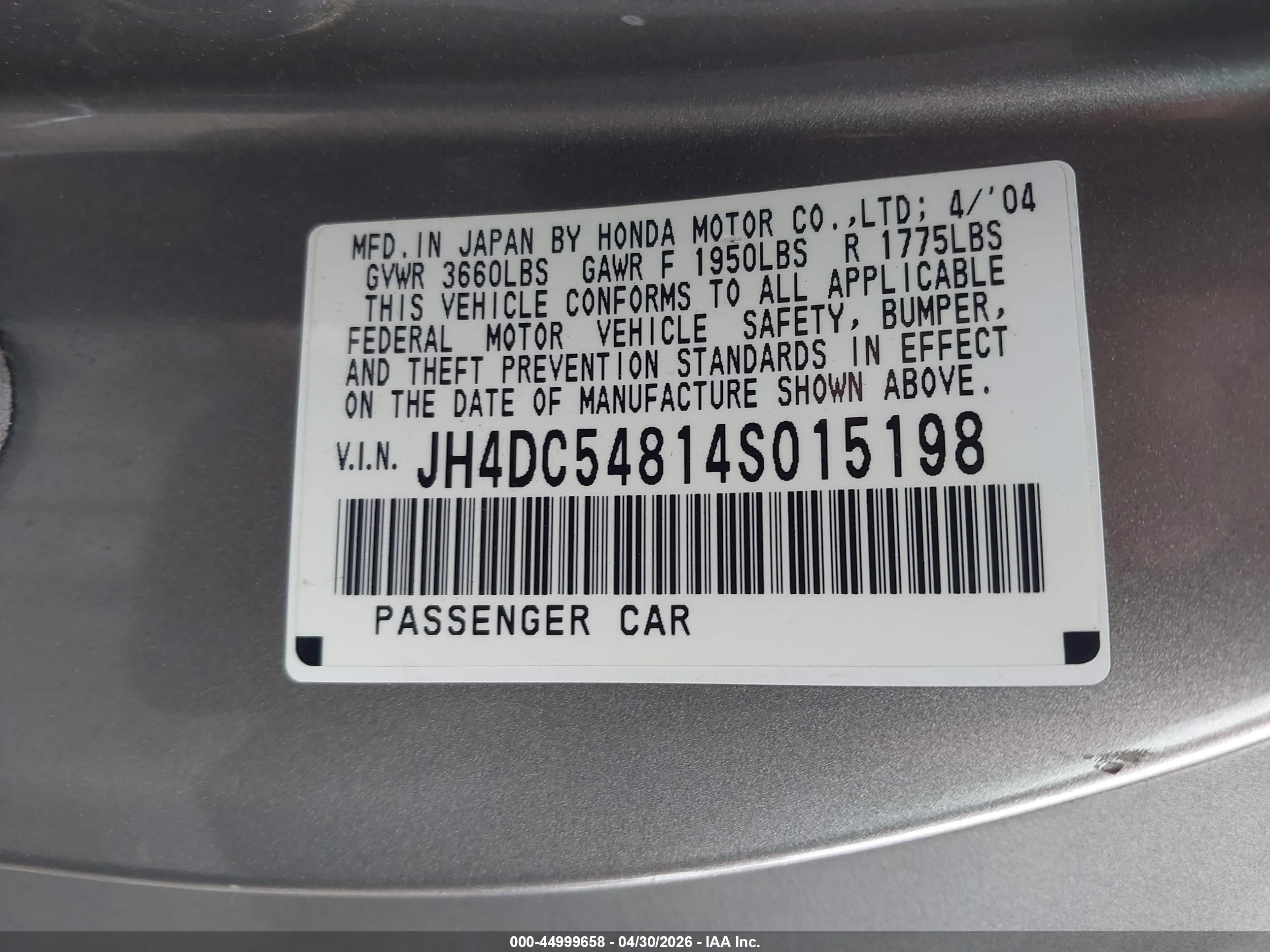 2004 Acura Rsx   Gray vin: JH4DC54814S015198