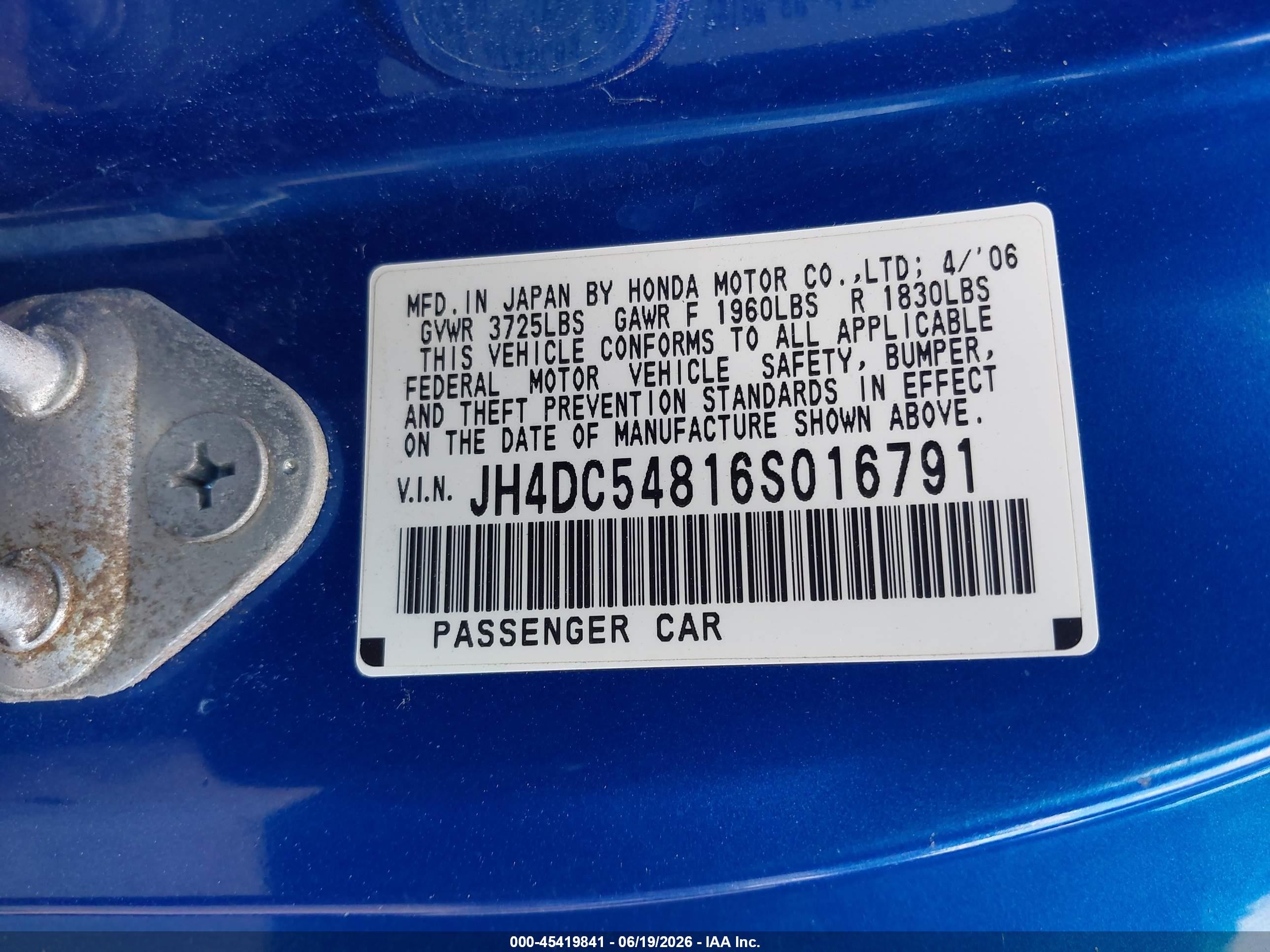 2006 Acura Rsx   Blue vin: JH4DC54816S016791