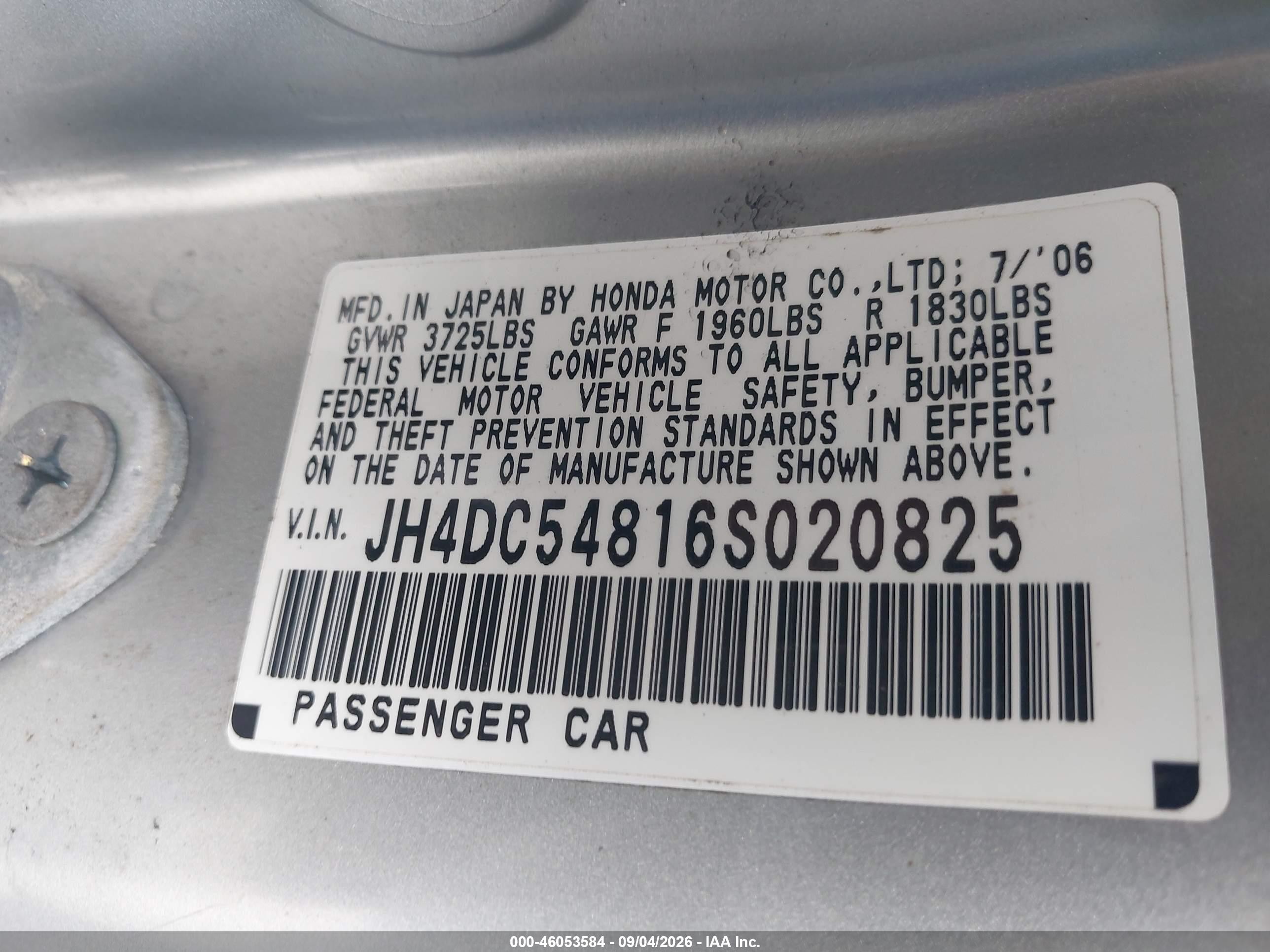 2006 Acura Rsx Silver vin: JH4DC54816S020825