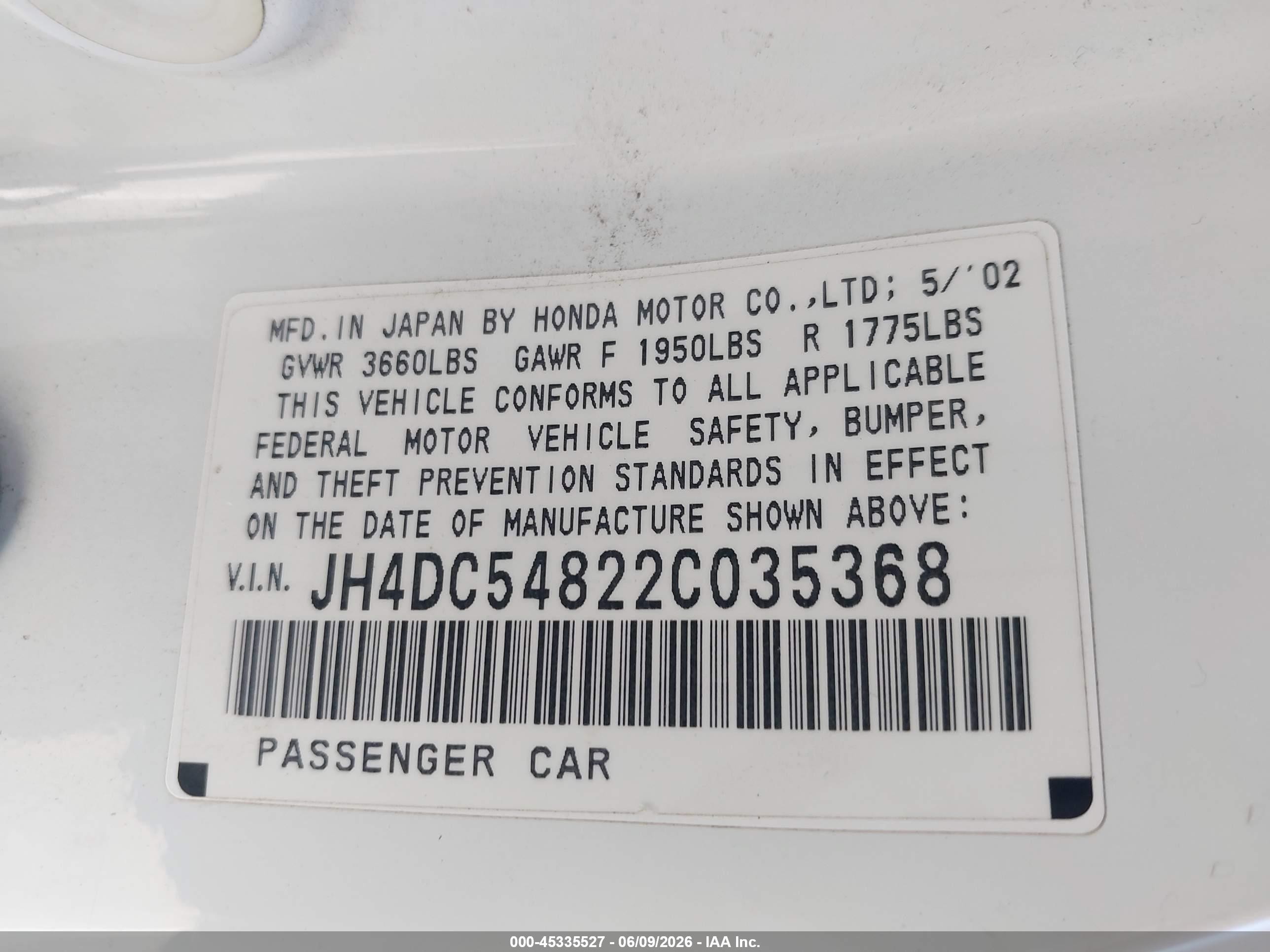 2002 Acura Rsx   White vin: JH4DC54822C035368