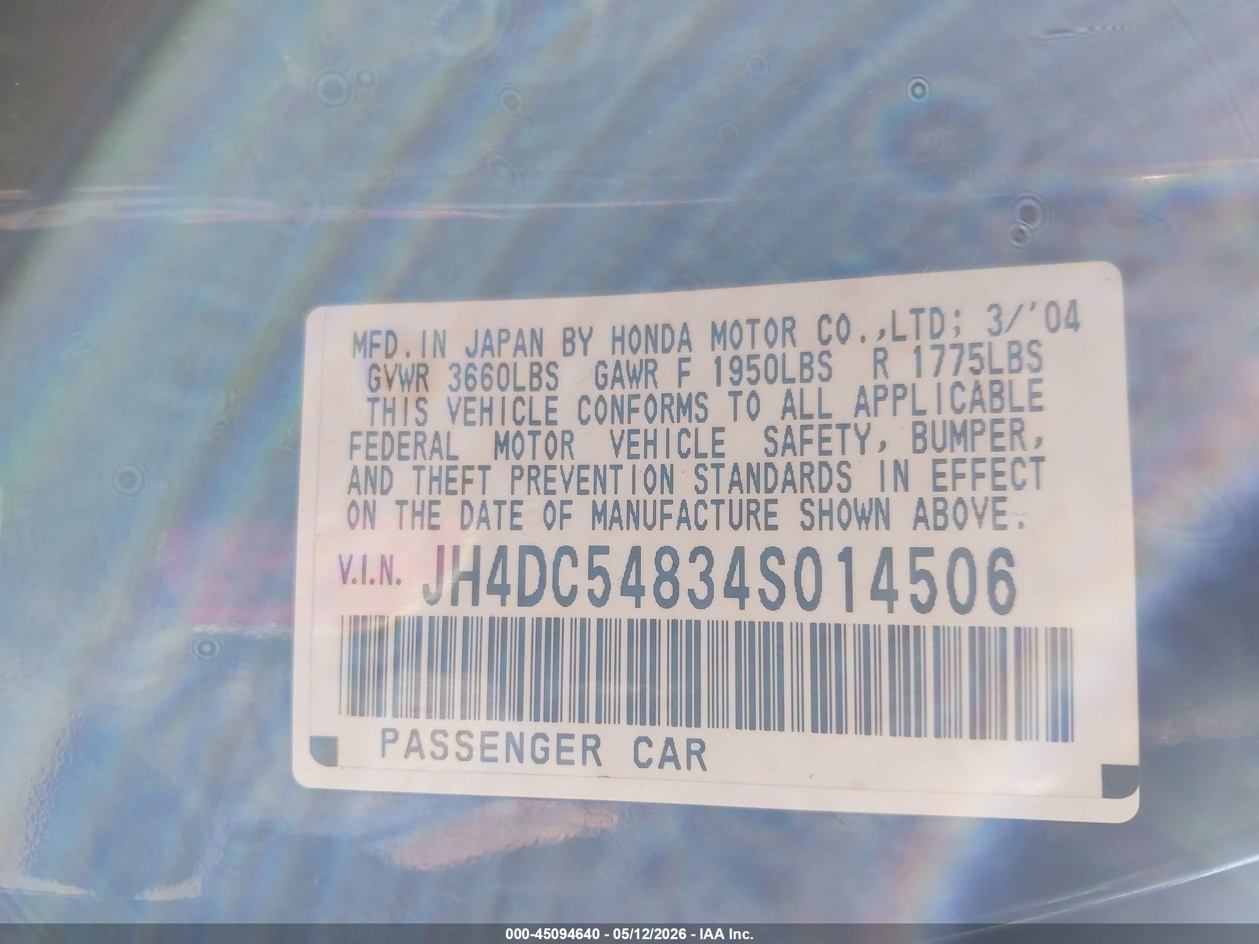 2004 Acura Rsx   Blue vin: JH4DC54834S014506