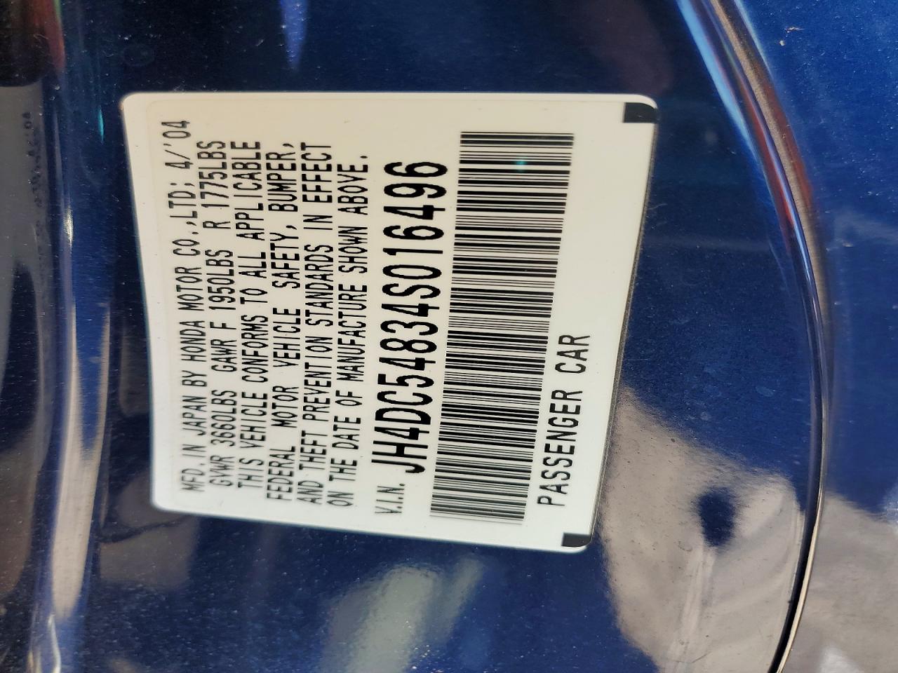 2004 Acura Rsx Blue vin: JH4DC54834S016496