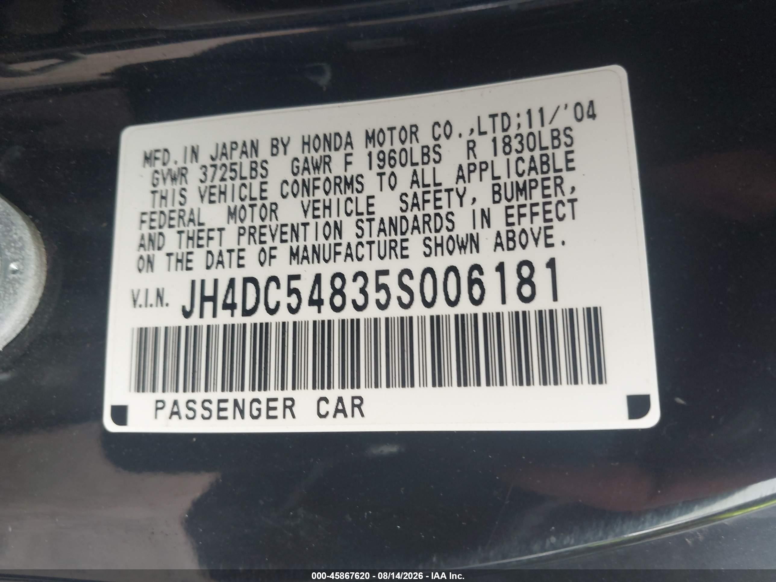 2005 Acura Rsx   Black vin: JH4DC54835S006181