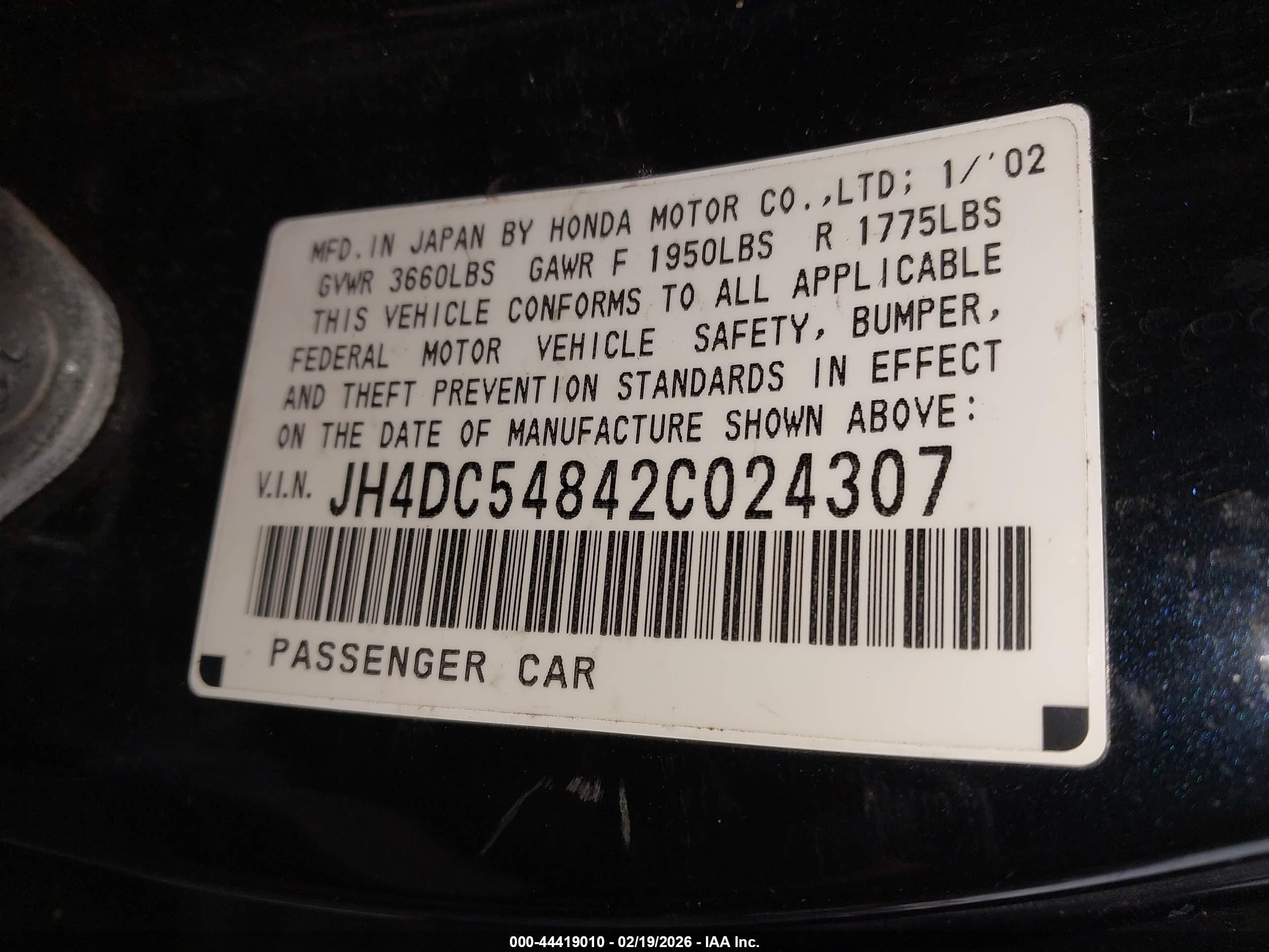 2002 Acura Rsx   Black vin: JH4DC54842C024307