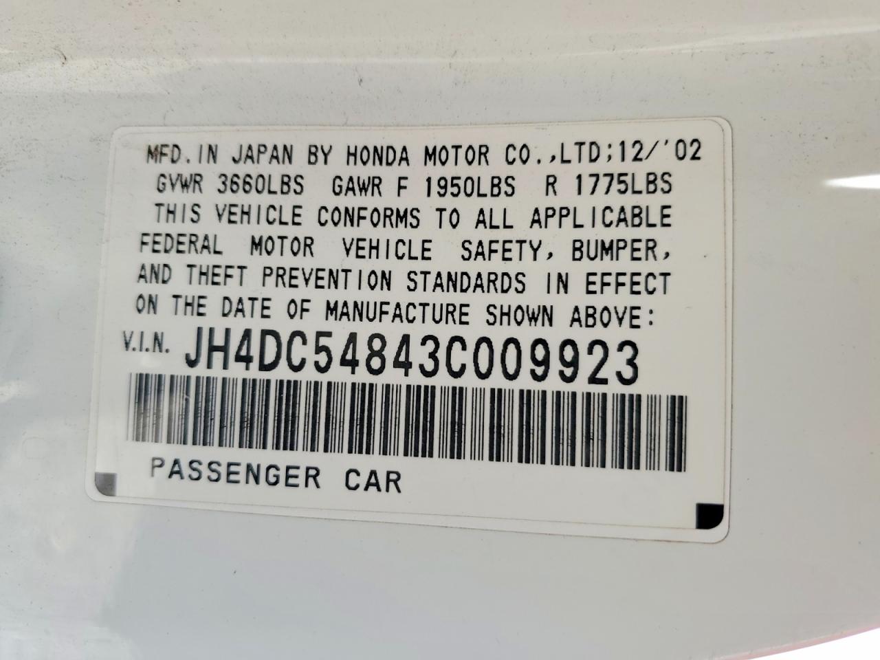 2003 Acura Rsx White vin: JH4DC54843C009923