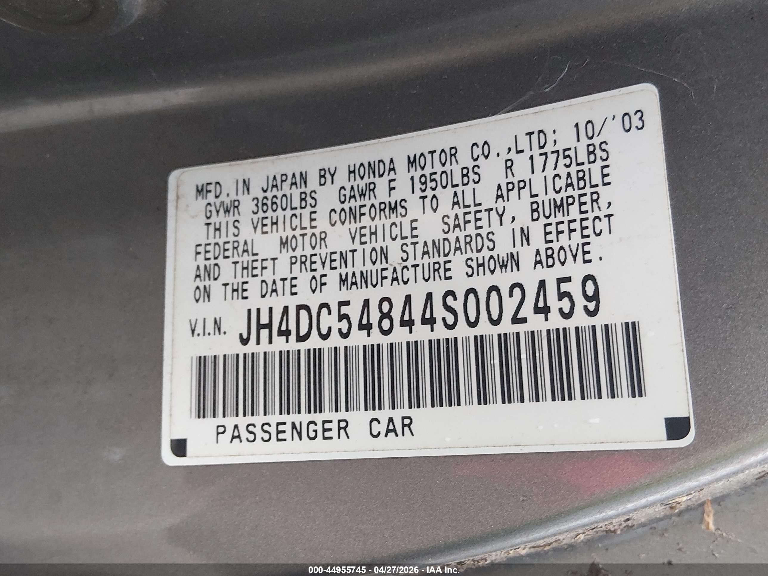 2004 Acura Rsx   Champagne vin: JH4DC54844S002459
