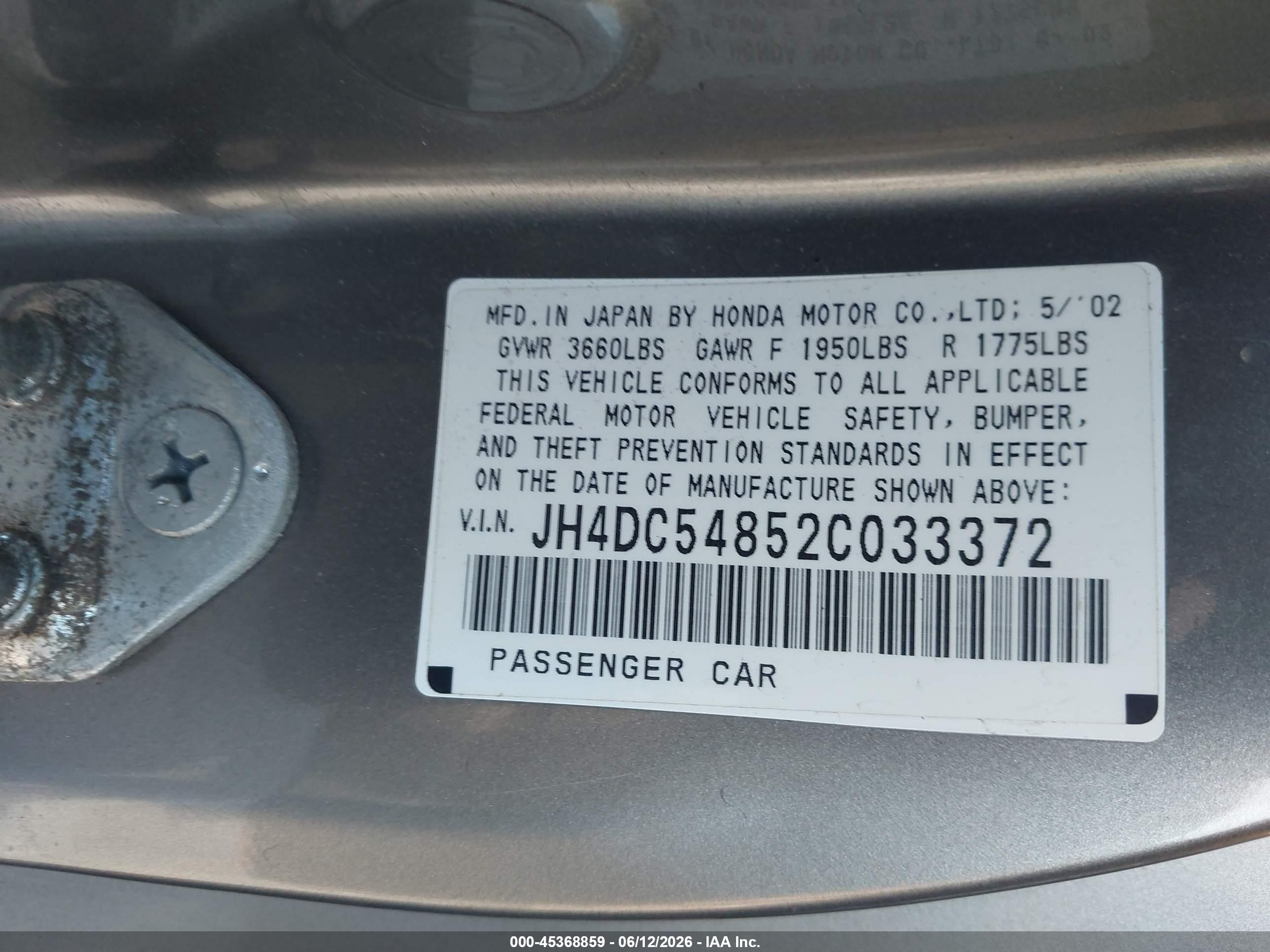 2002 Acura Rsx   Gray vin: JH4DC54852C033372