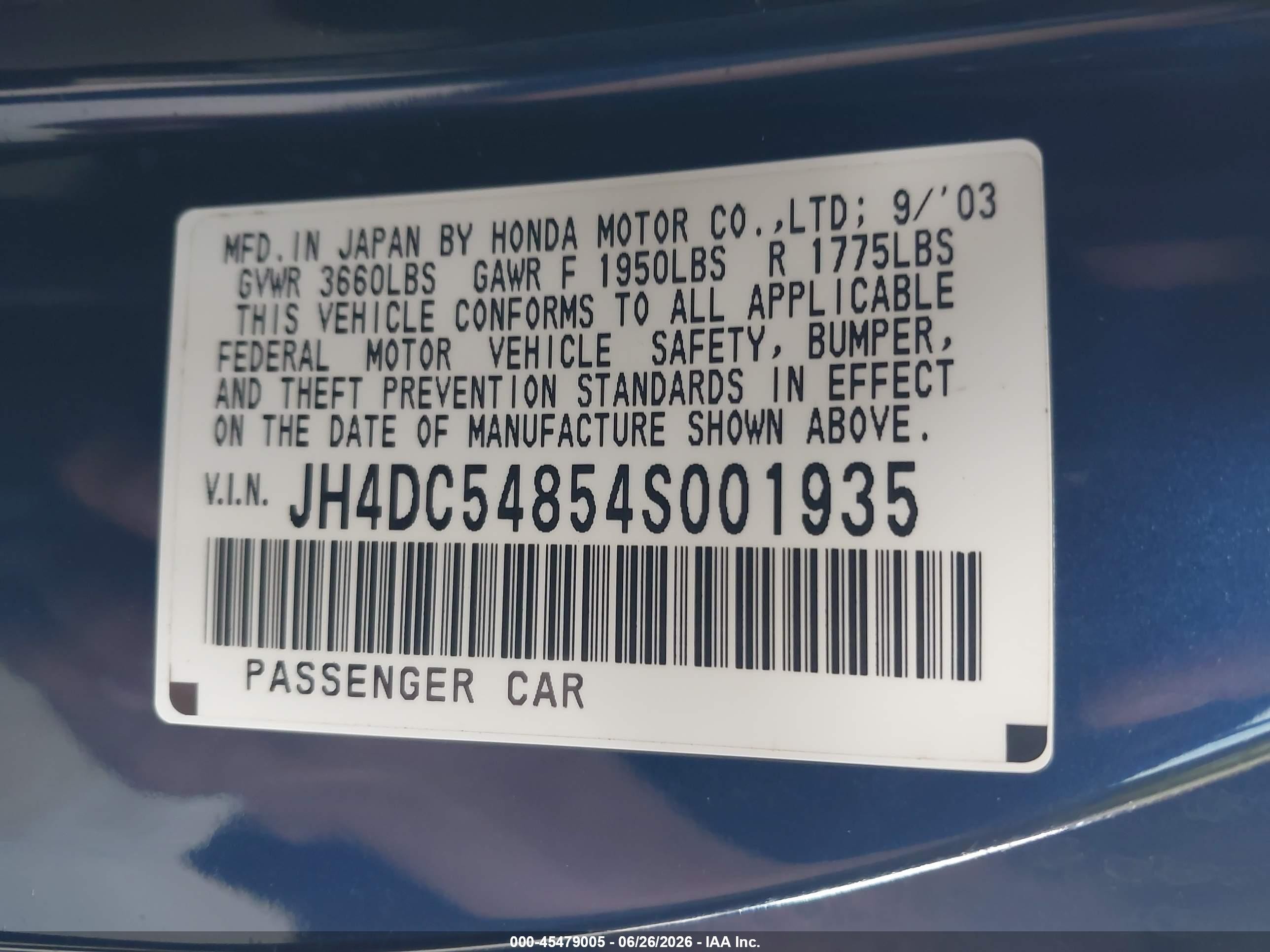 2004 Acura Rsx   Dark Blue vin: JH4DC54854S001935