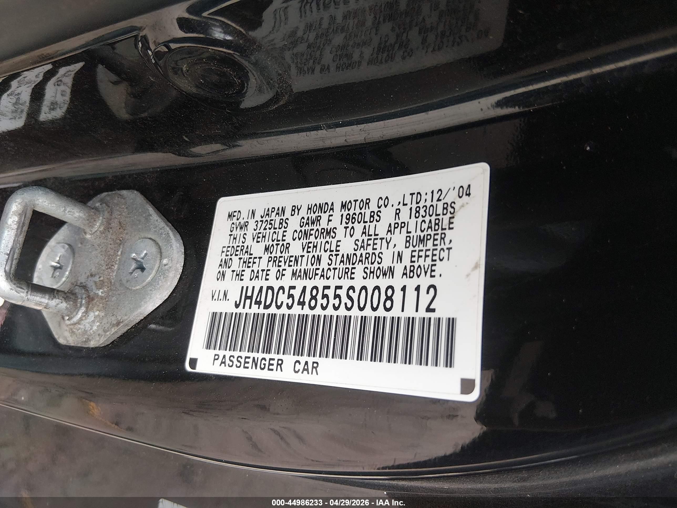 2005 Acura Rsx   Black vin: JH4DC54855S008112