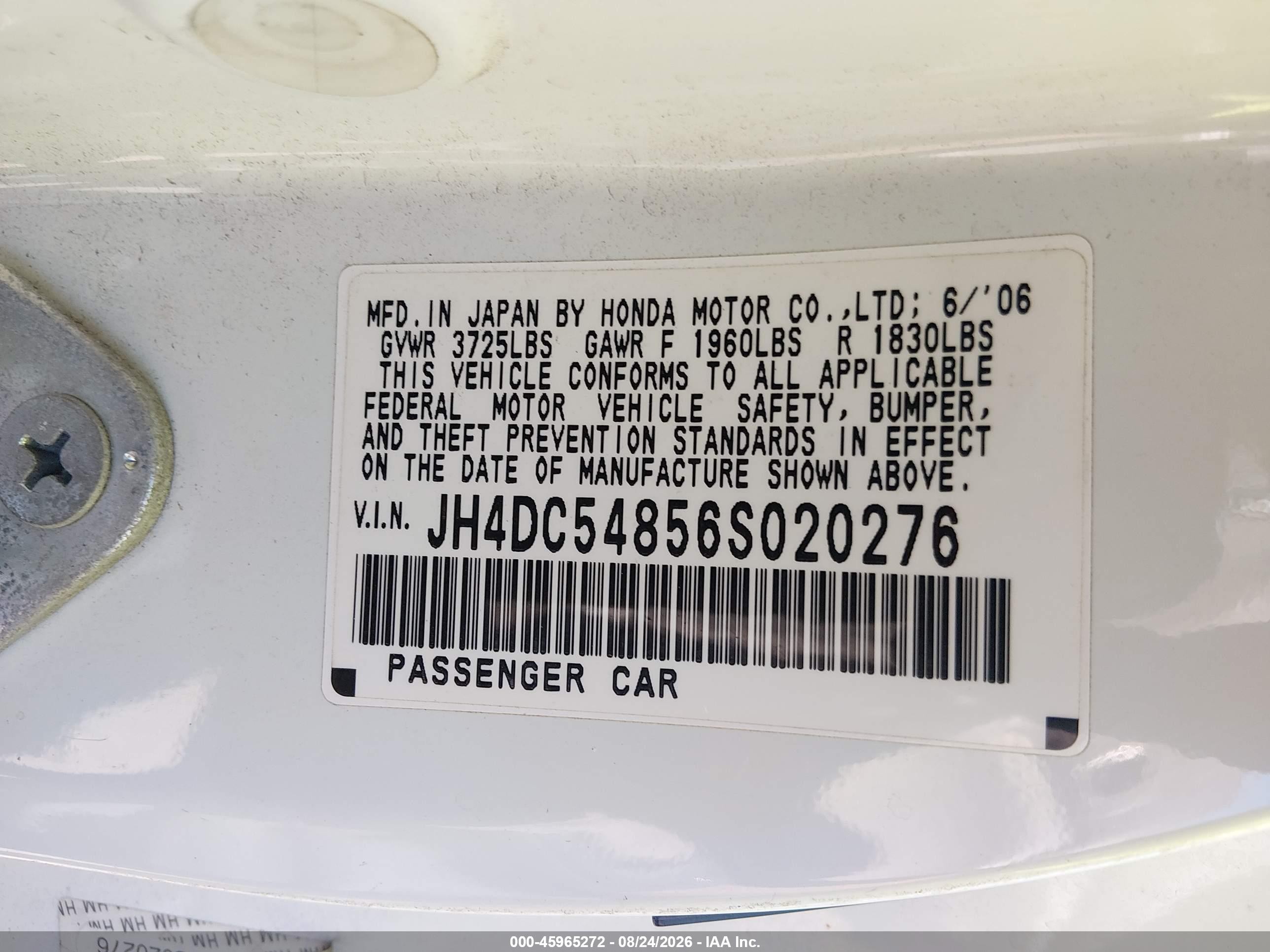 2006 Acura Rsx   White vin: JH4DC54856S020276