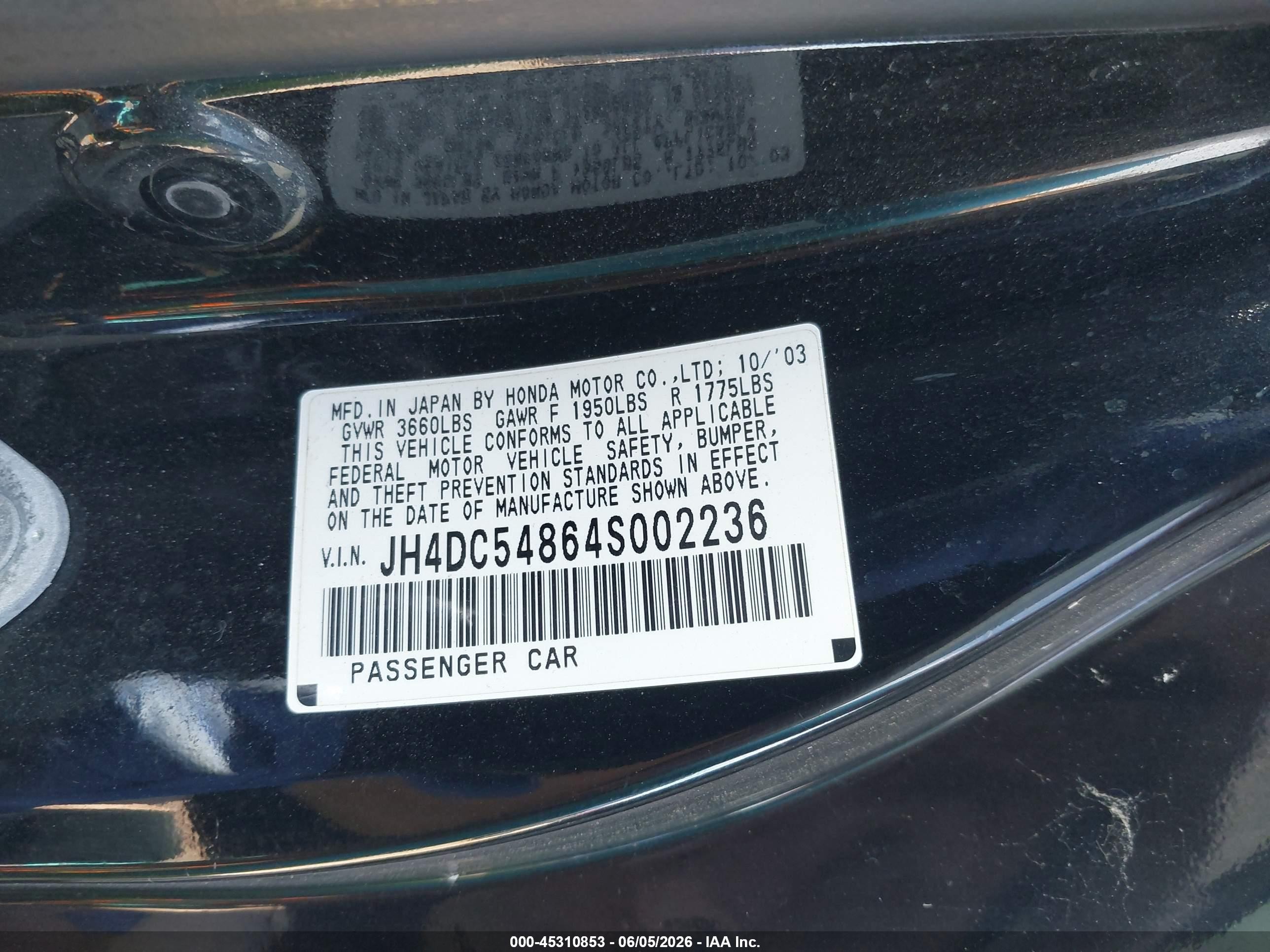 2004 Acura Rsx Черный vin: JH4DC54864S002236