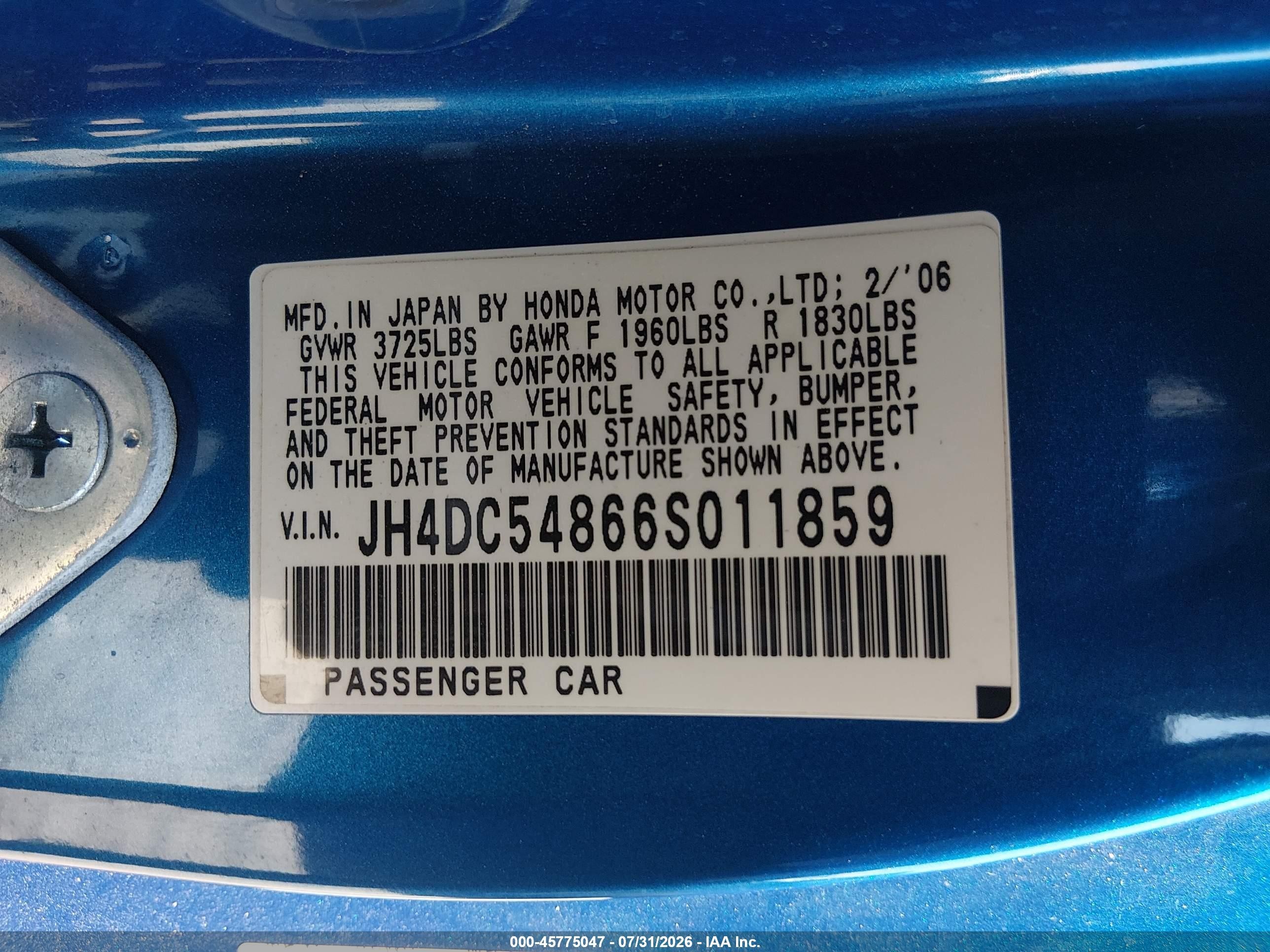 2006 Acura Rsx   Blue vin: JH4DC54866S011859
