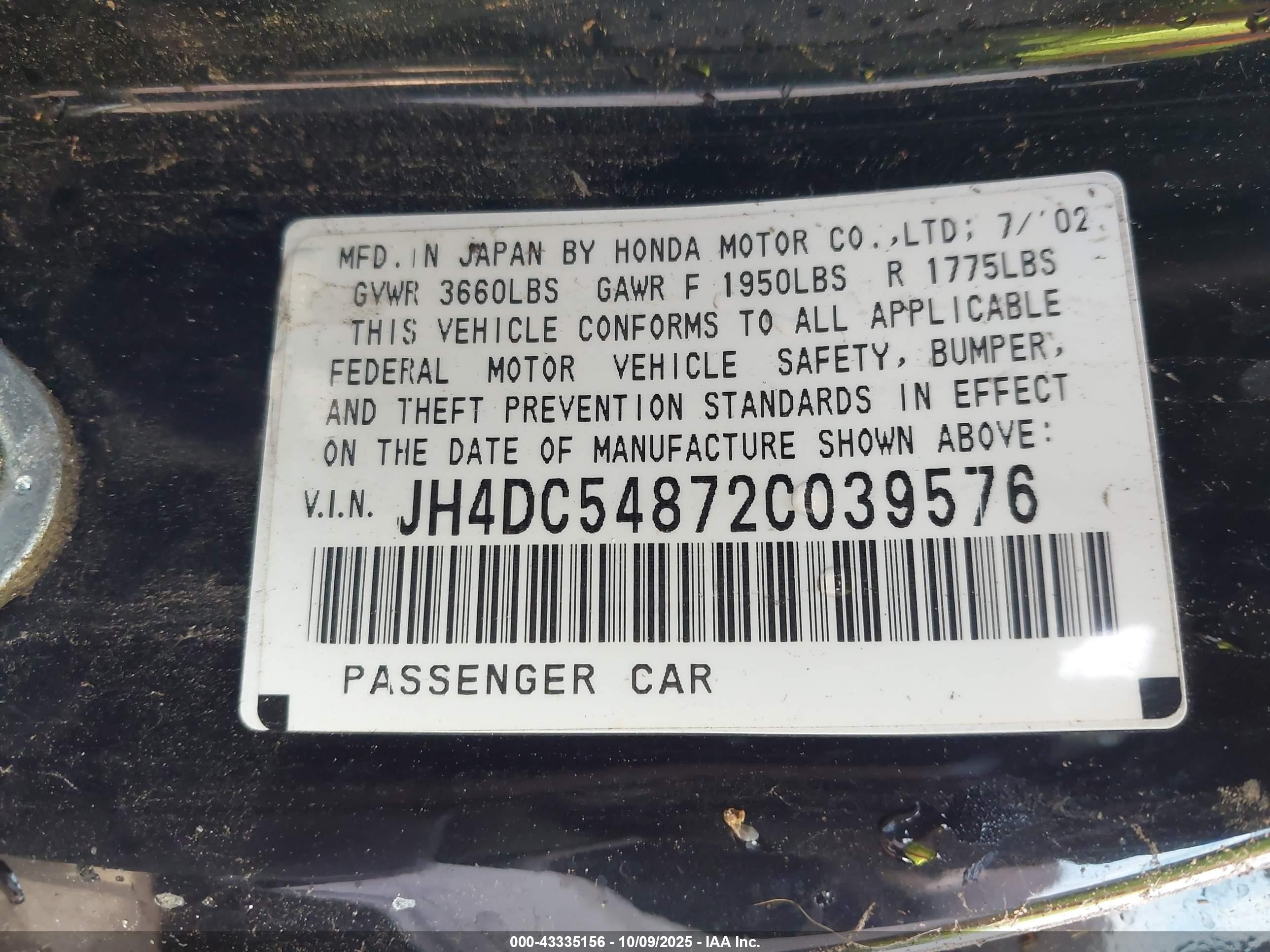 2002 Acura Rsx   Black vin: JH4DC54872C039576
