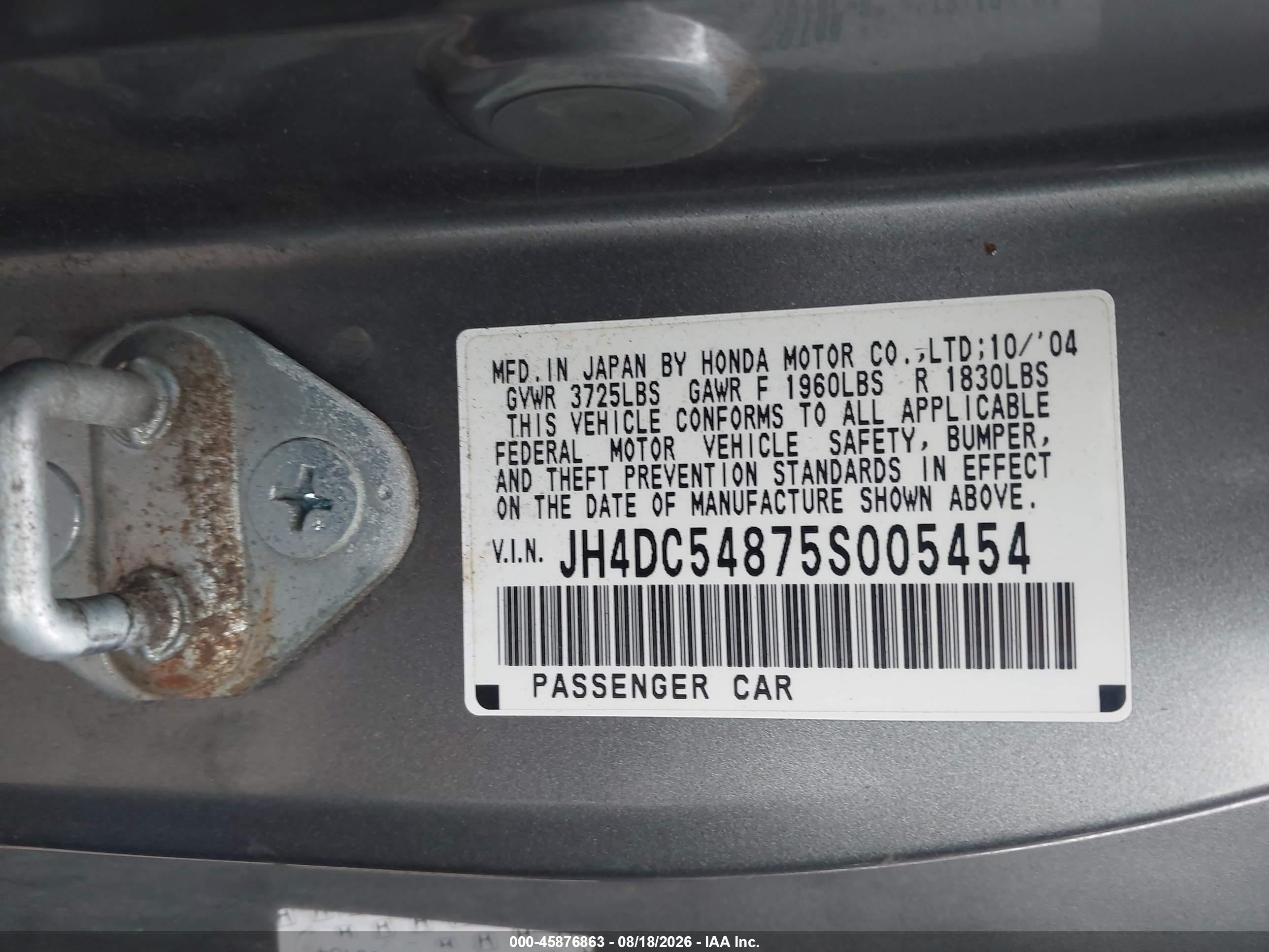 2005 Acura Rsx   Gray vin: JH4DC54875S005454