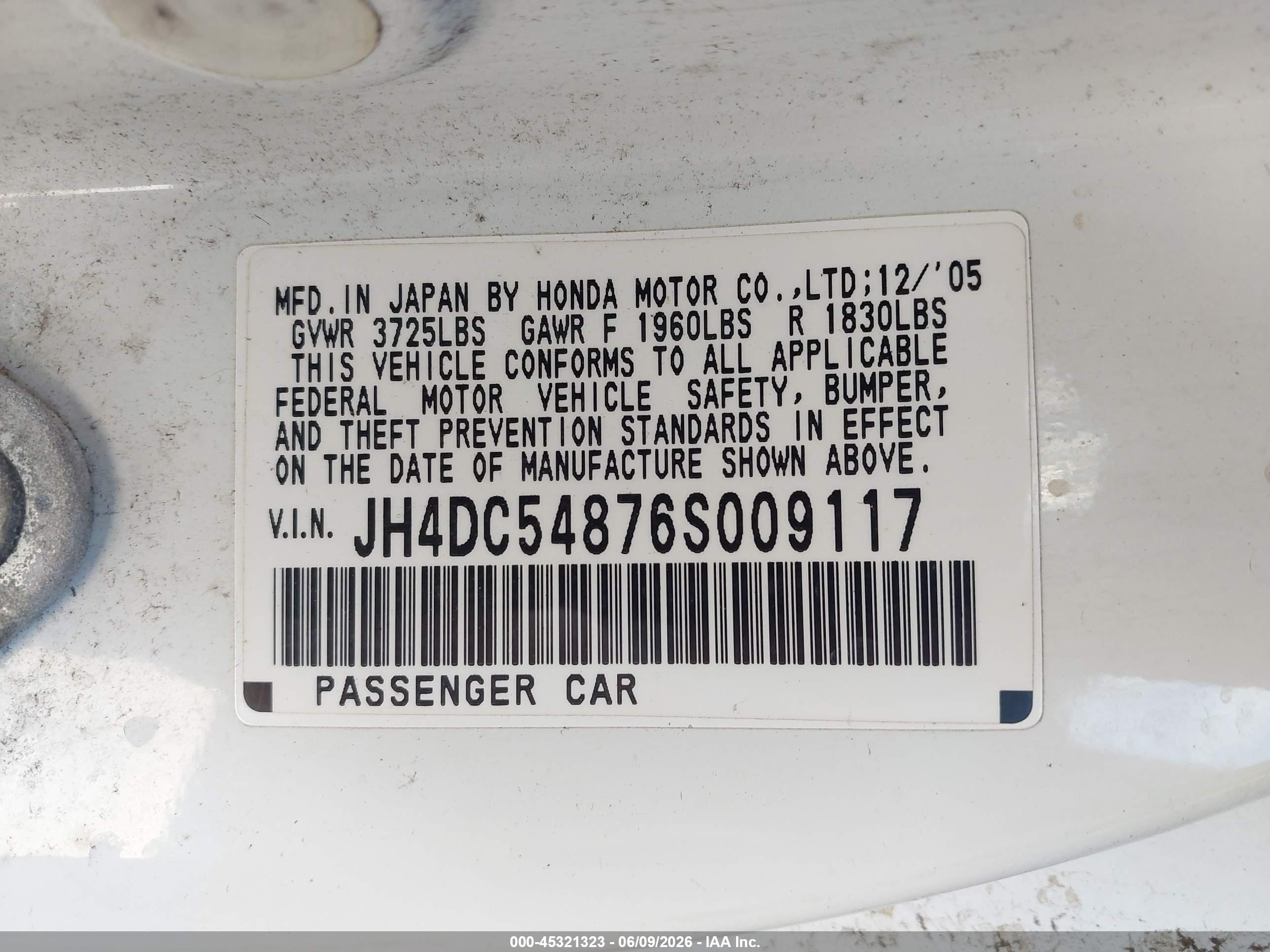 2006 Acura Rsx   White vin: JH4DC54876S009117