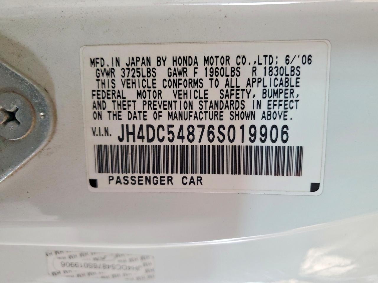 2006 Acura Rsx White vin: JH4DC54876S019906