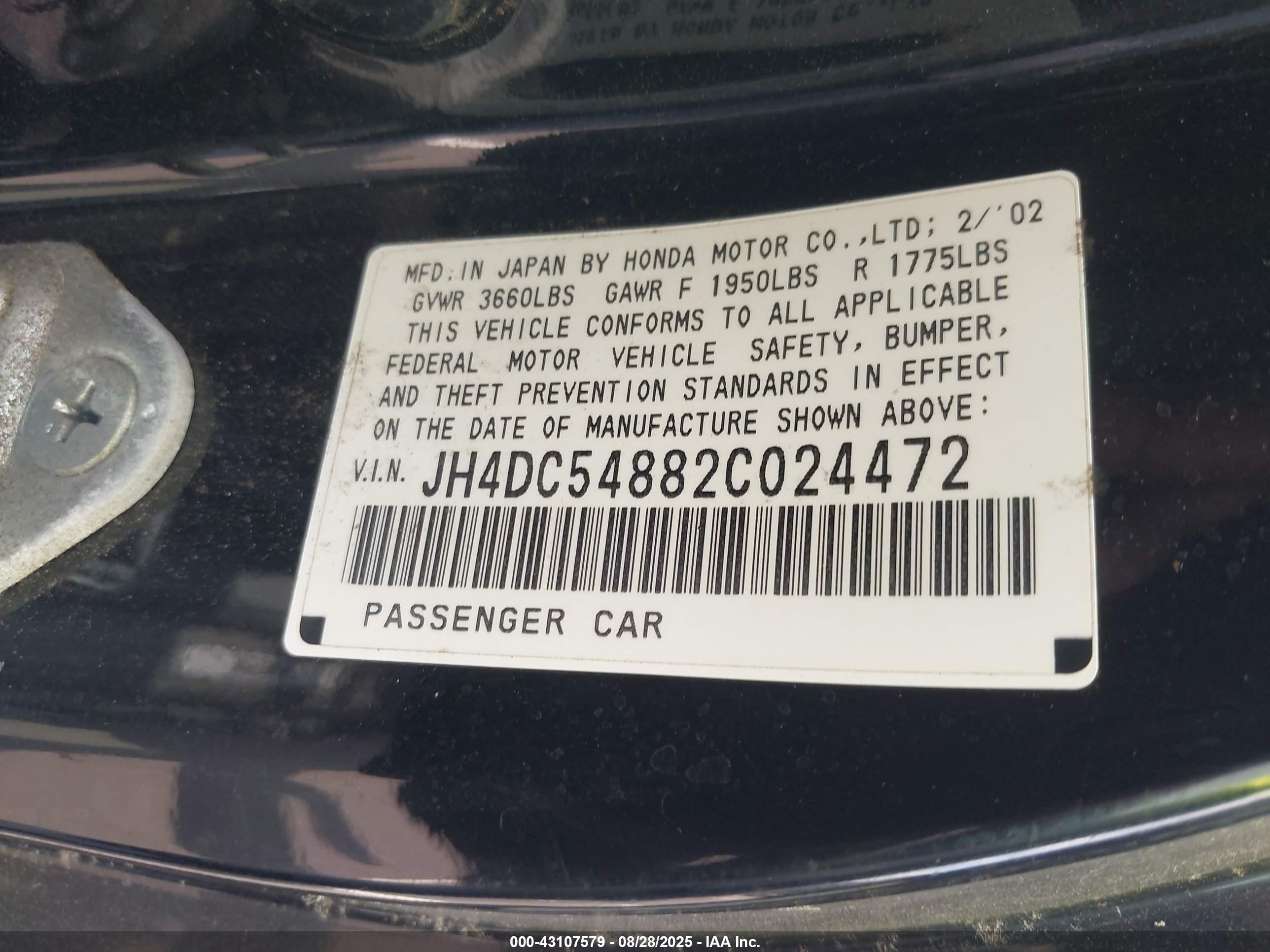 2002 Acura Rsx   Black vin: JH4DC54882C024472