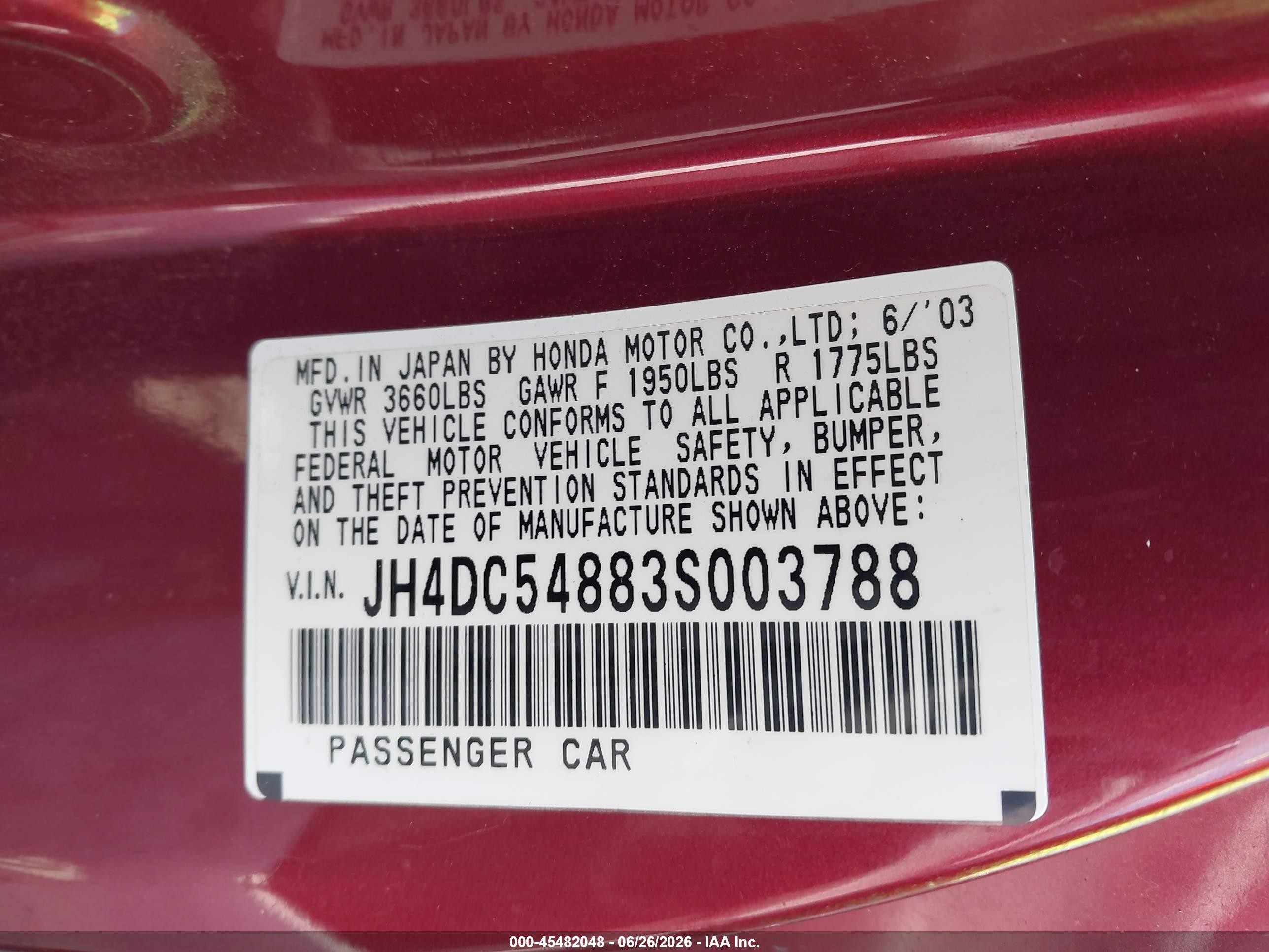 2003 Acura Rsx   Red vin: JH4DC54883S003788