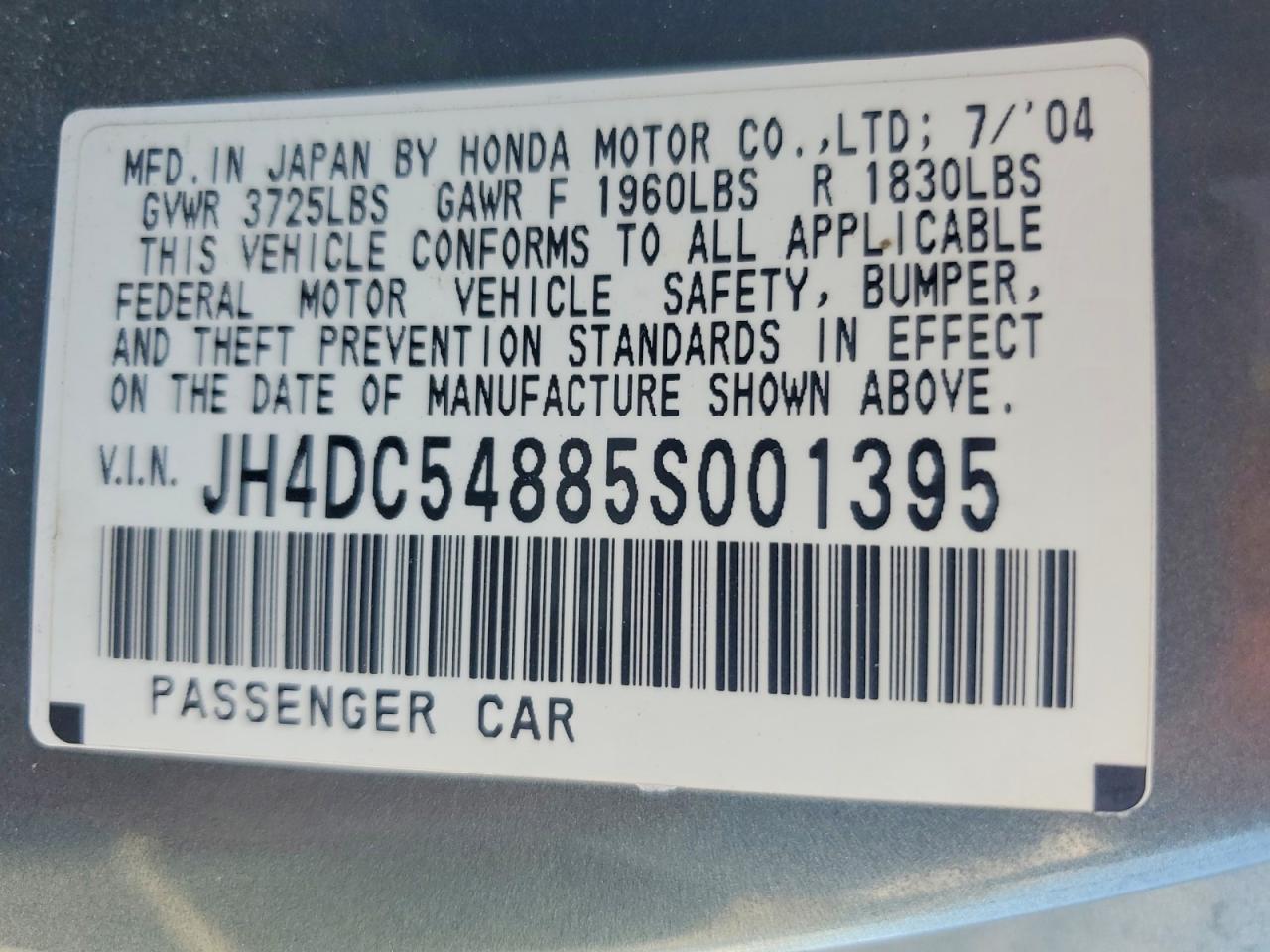 2005 Acura Rsx Gray vin: JH4DC54885S001395