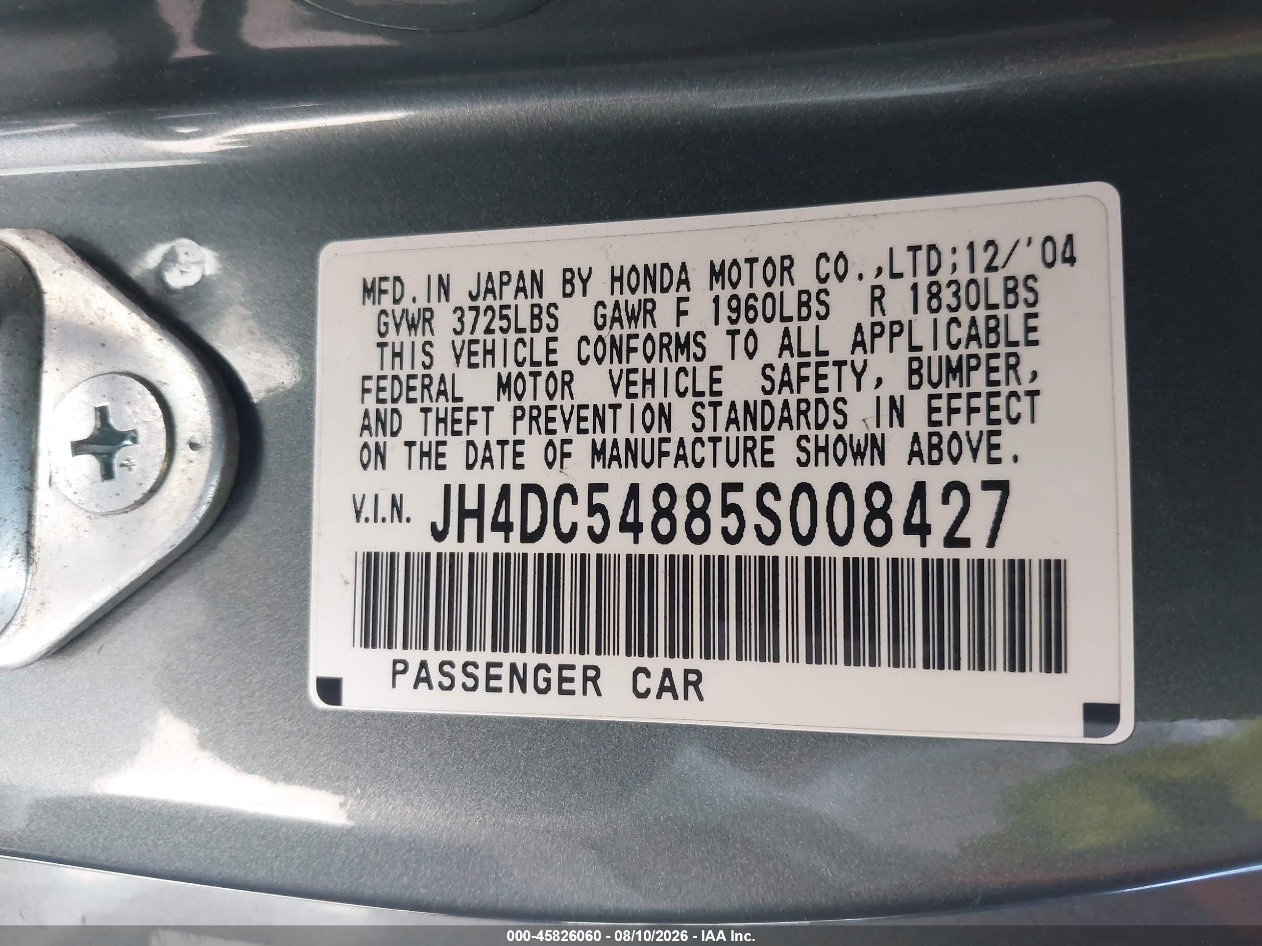 2005 Acura Rsx   Gray vin: JH4DC54885S008427