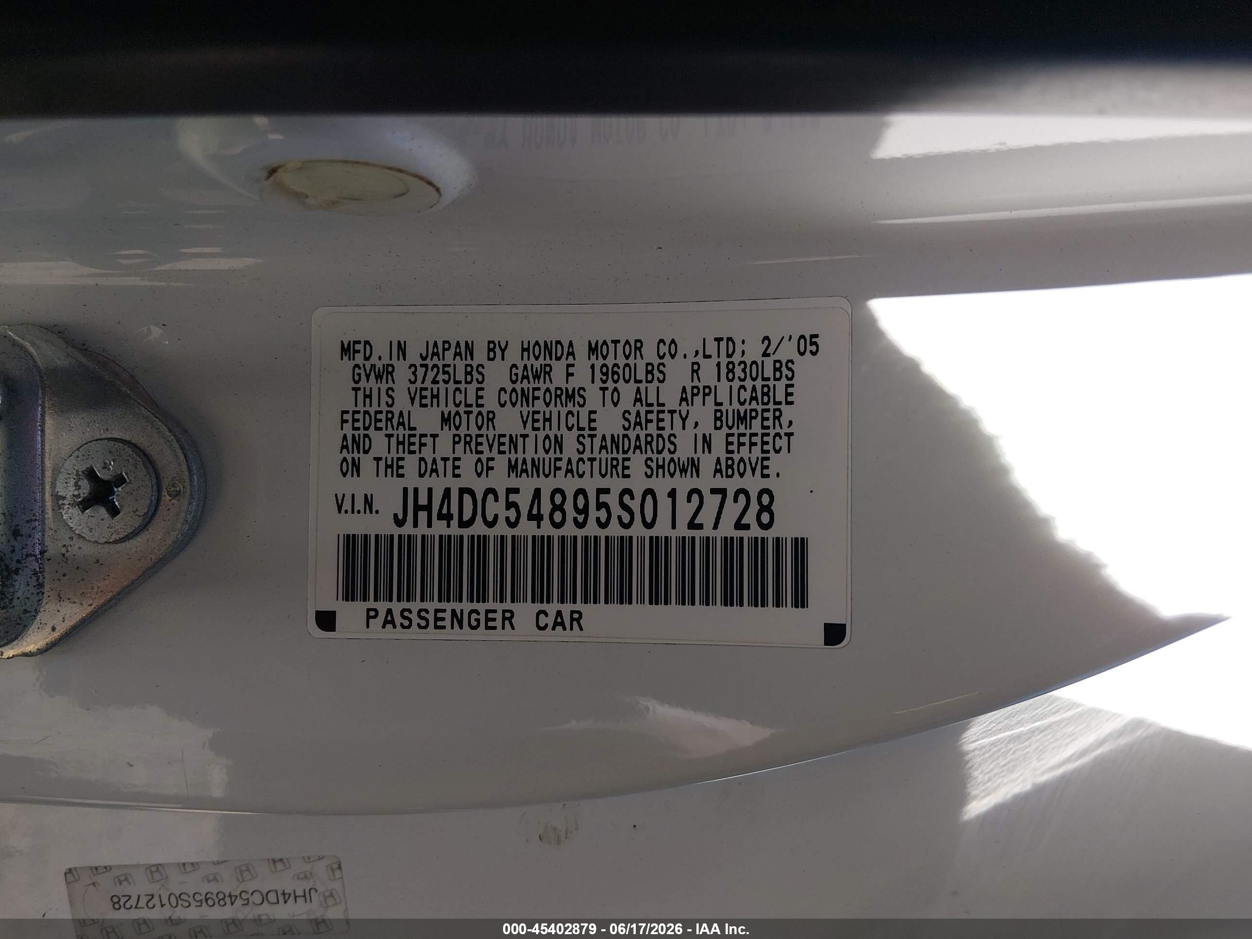 2005 Acura Rsx White vin: JH4DC54895S012728