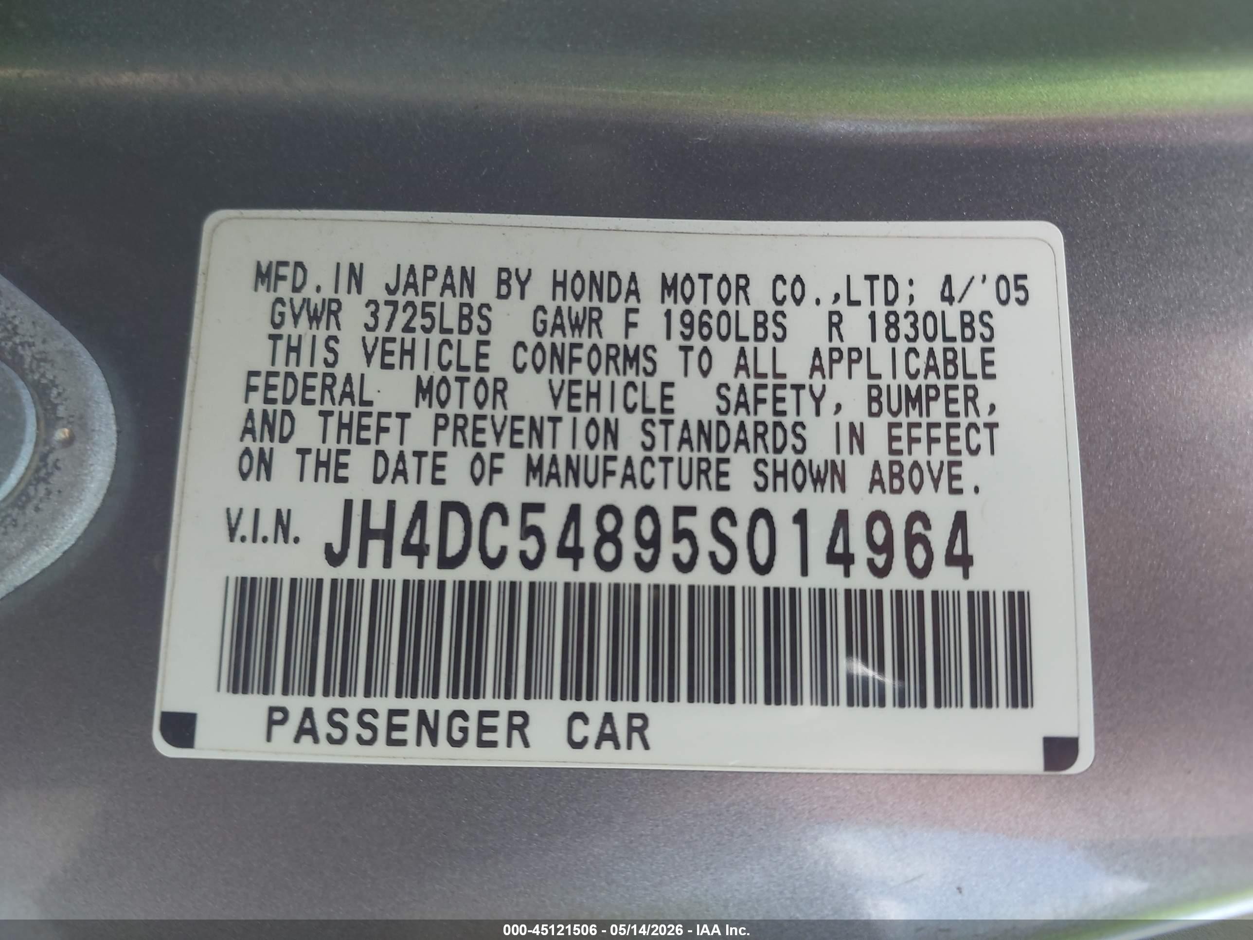 2005 Acura Rsx   Gray vin: JH4DC54895S014964