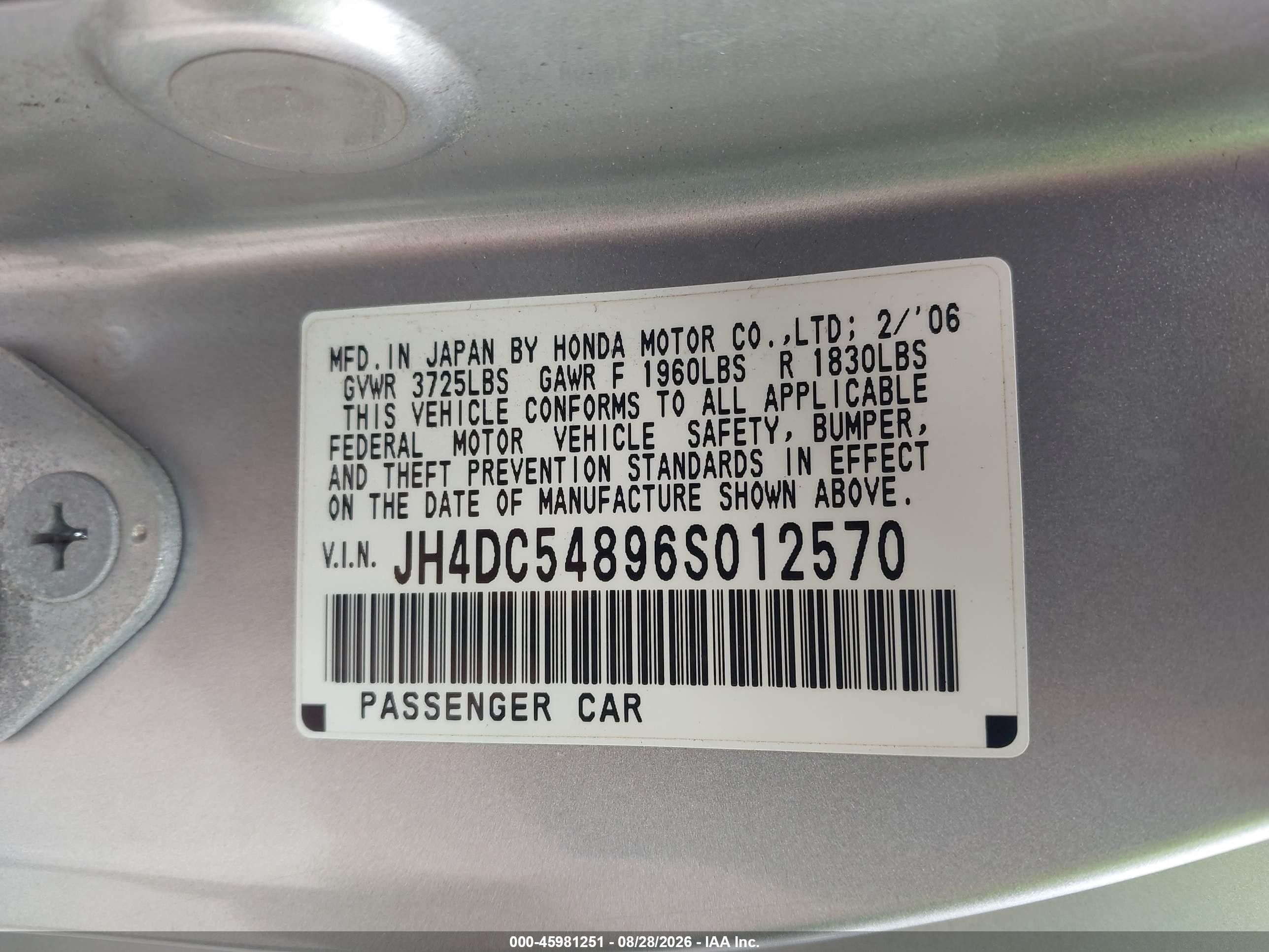 2006 Acura Rsx   Gray vin: JH4DC54896S012570