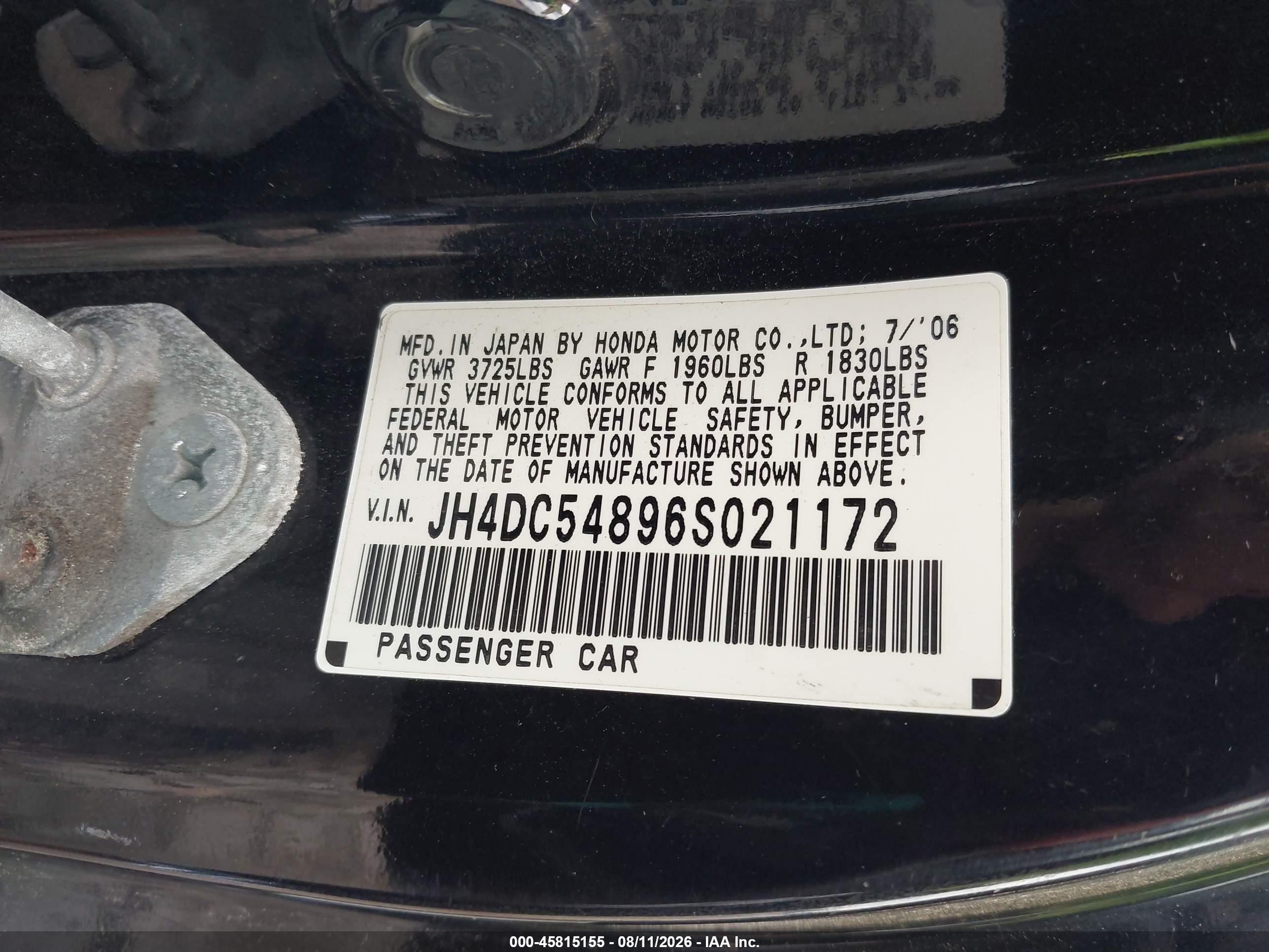 2006 Acura Rsx   Black vin: JH4DC54896S021172