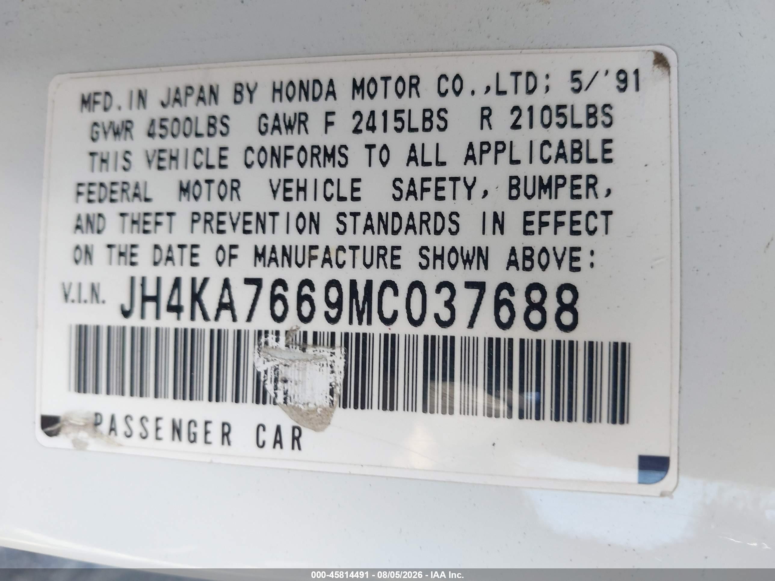 1991 Acura Legend L White vin: JH4KA7669MC037688