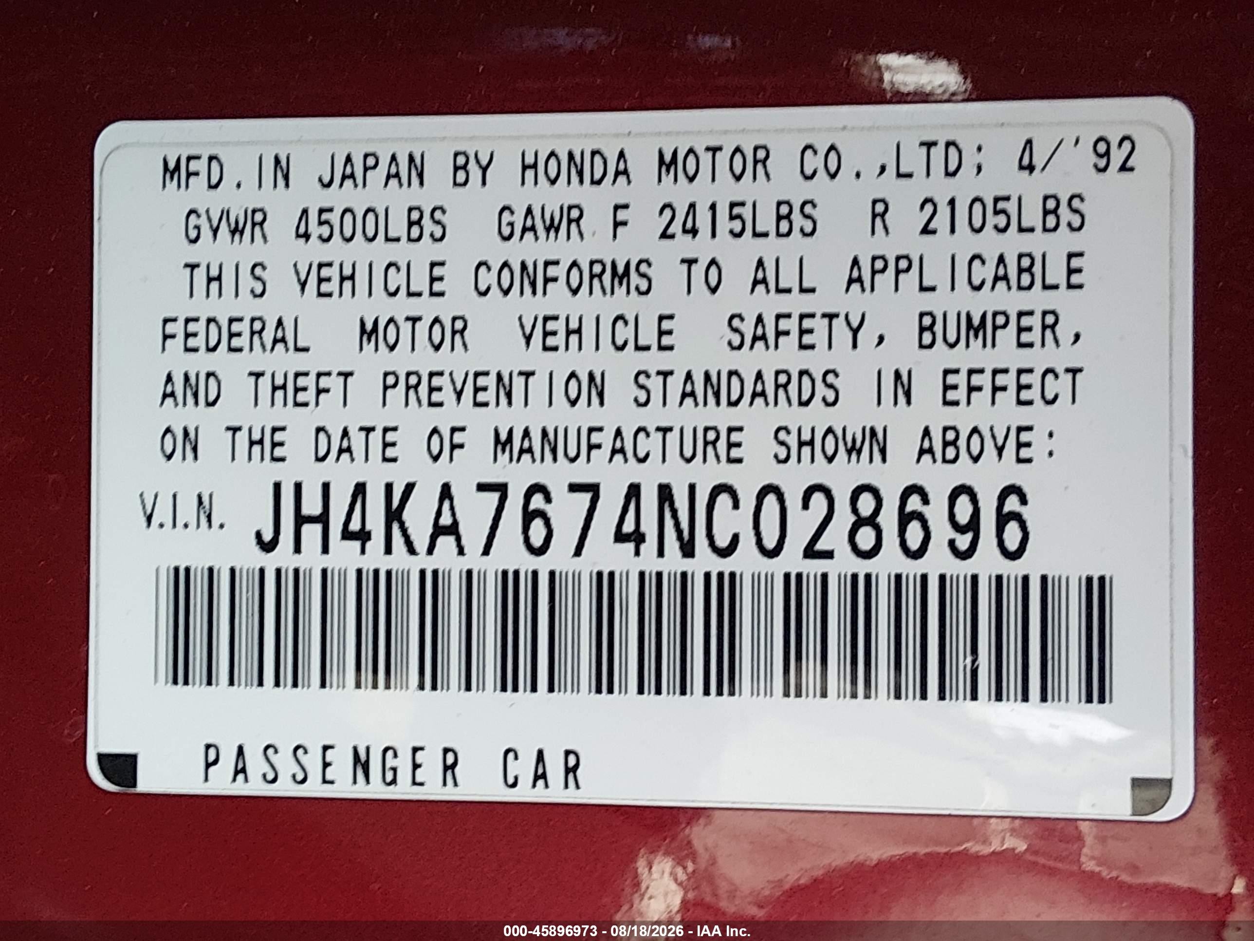 1992 Acura Legend Ls Red vin: JH4KA7674NC028696