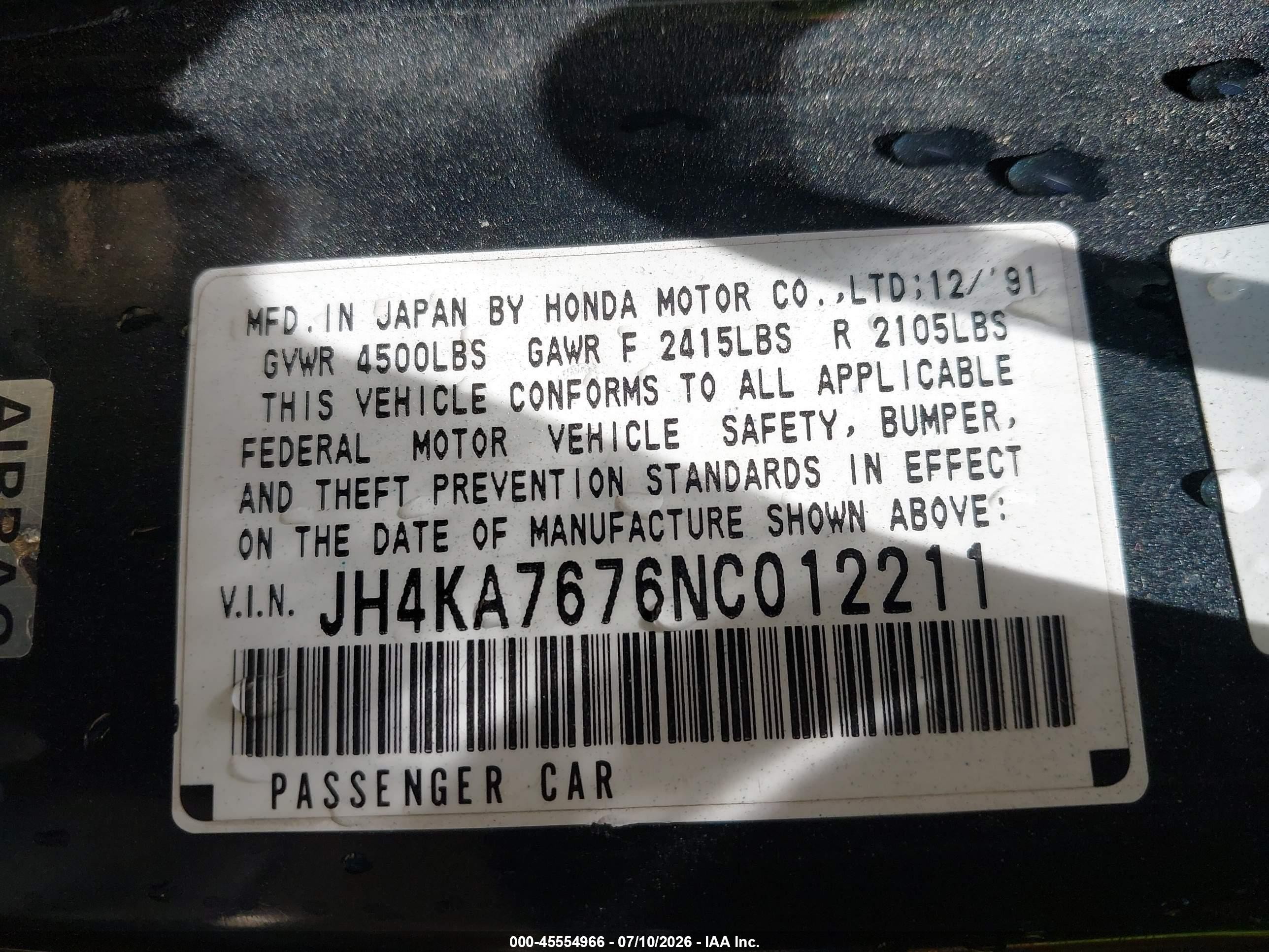 1992 Acura Legend Ls Green vin: JH4KA7676NC012211