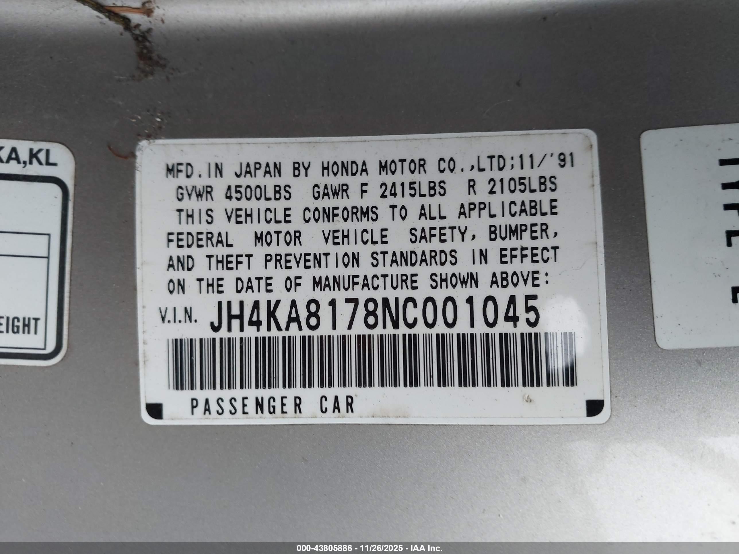 1992 Acura Legend Ls Gold vin: JH4KA8178NC001045