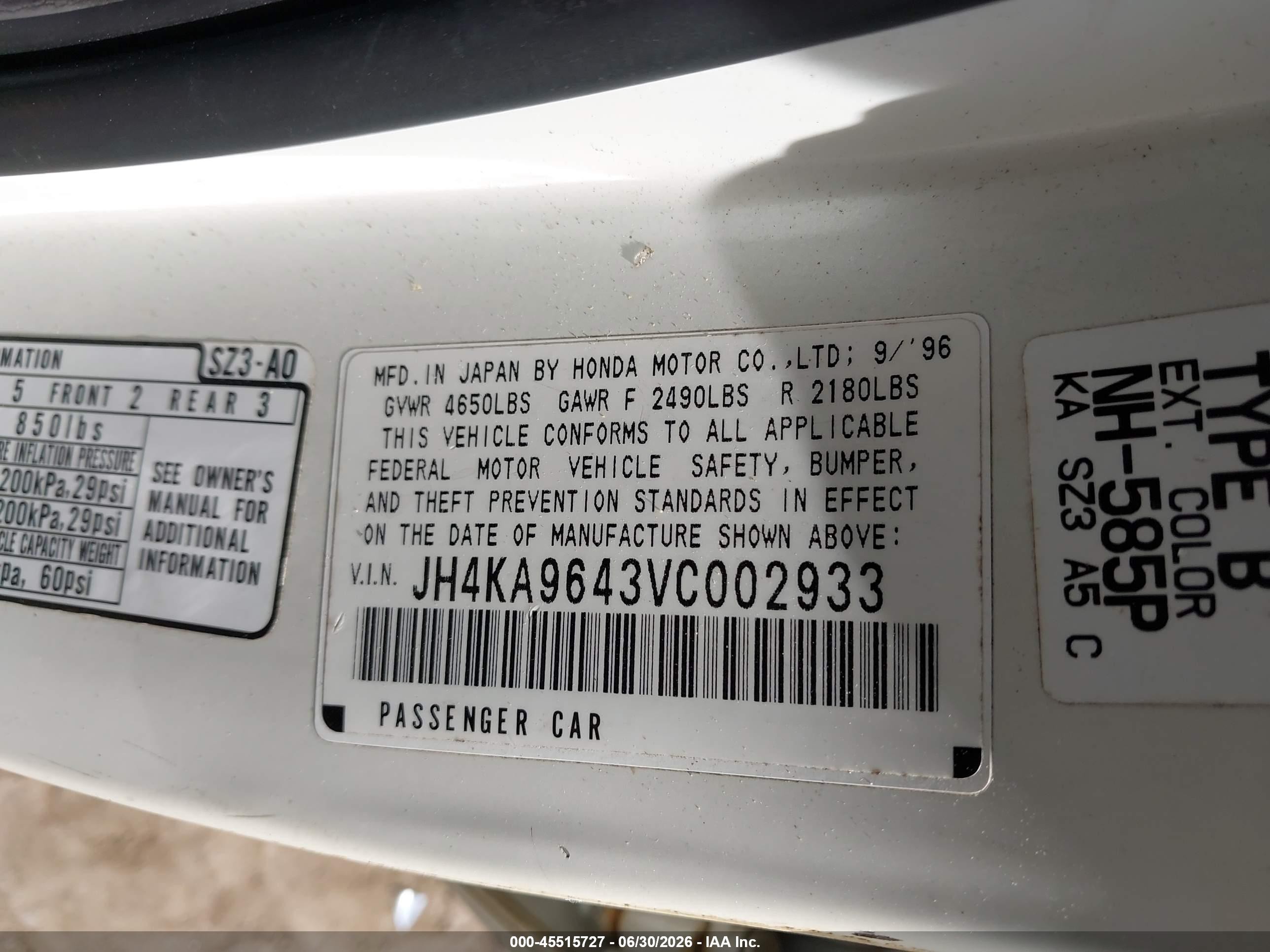 1997 Acura Rl 3.5 White vin: JH4KA9643VC002933